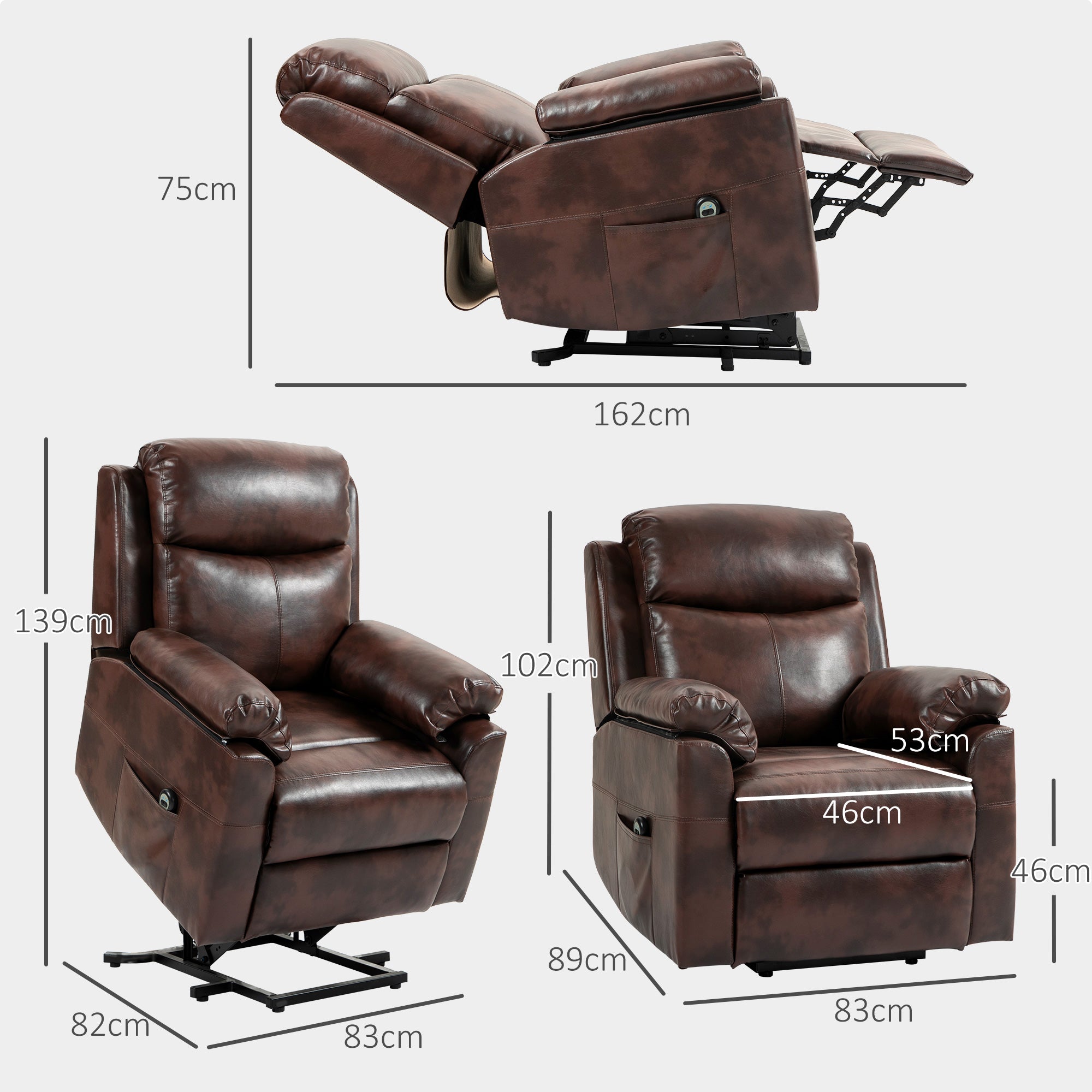 HOMCOM Faux Leather 70° Electric Riser Recliner Chair - Brown - North Peak Garden Furniture