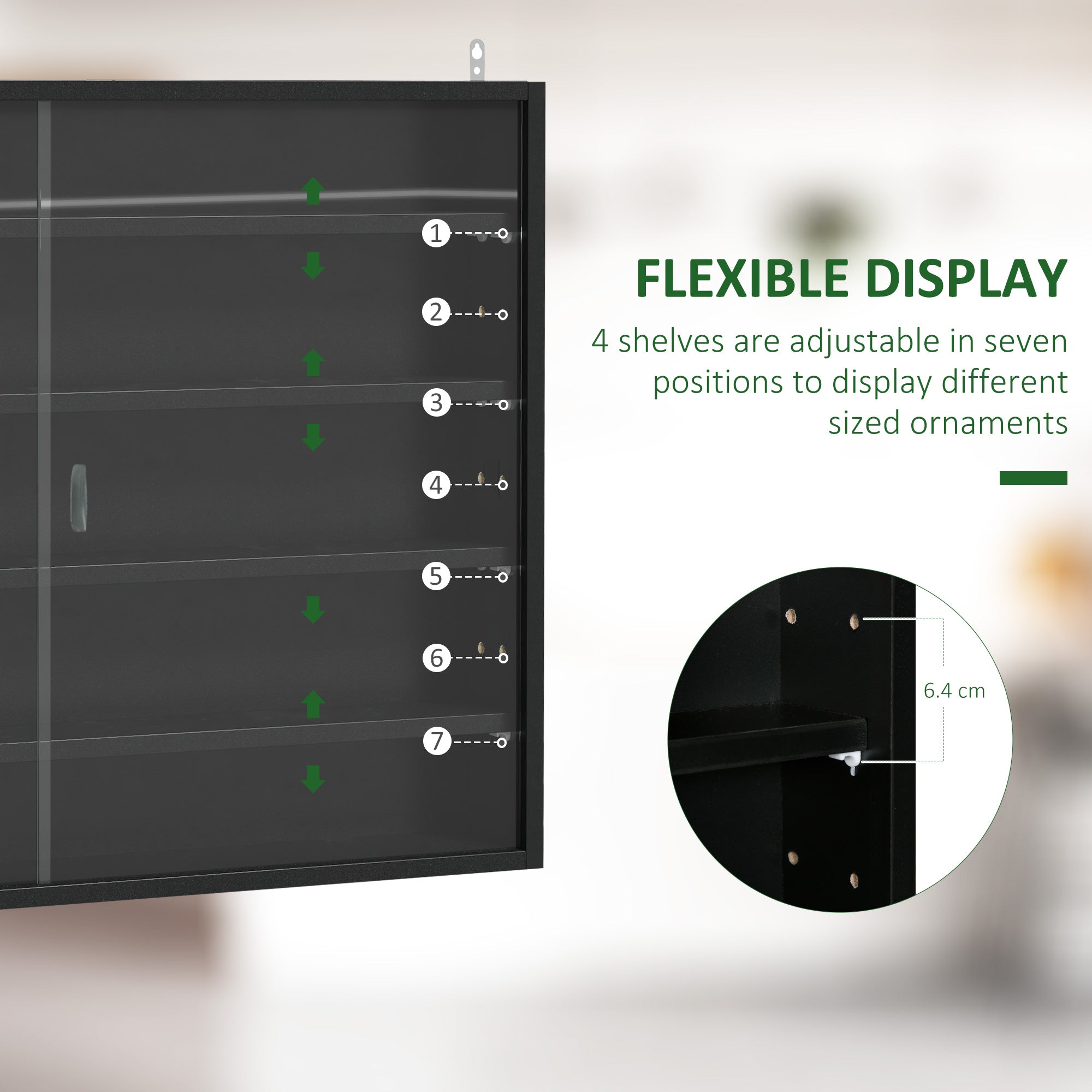 HOMCOM 5-Tier Wall Display Shelf Unit Cabinet w/ 4 Adjustable Shelves Glass Doors Home Office Ornaments 60x80cm Black - North Peak Garden Furniture