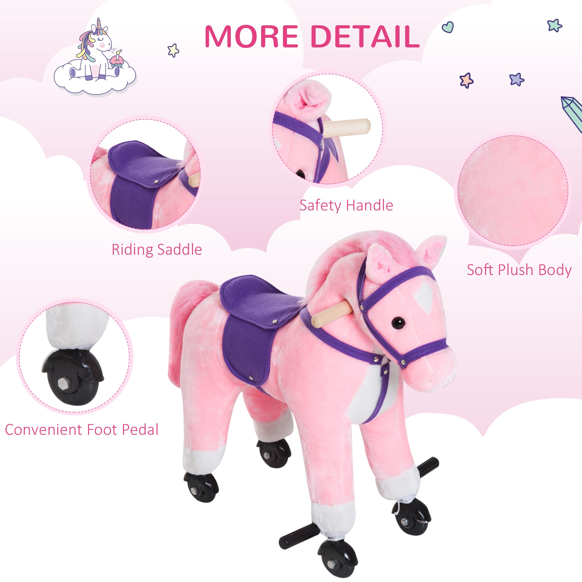 HOMCOM Rocking Horse Kids Ride on Walking Horse Animal Pony Wheeled Riding Plush Toy w/Sound for 3 Years and Up (Pink)