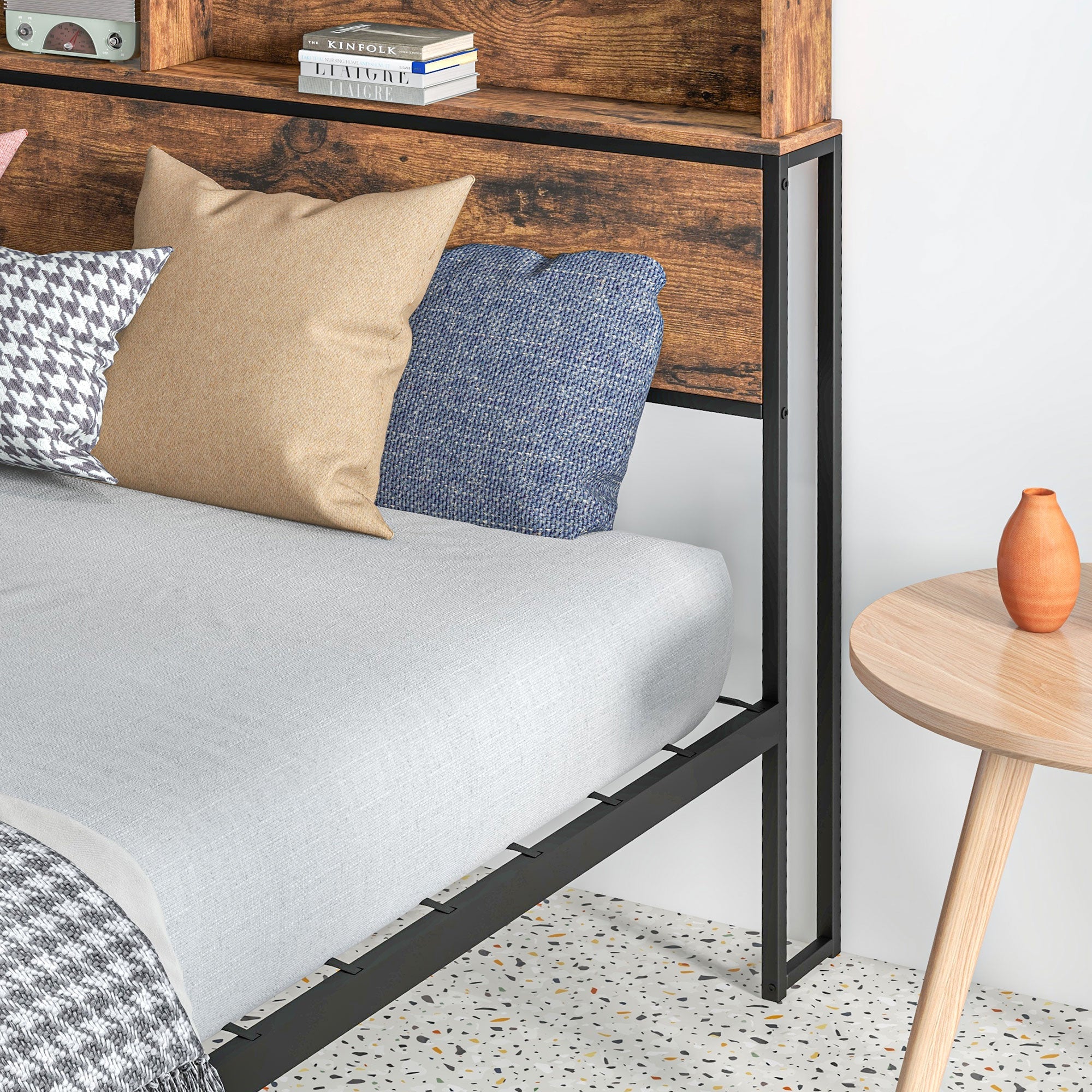 HOMCOM Industrial Double Bed Frame, 4.8FT Steel Bed Base with Storage Headboard, Footboard, Slatted Support and Under Bed Storage, 145 x 209cm, Rustic Brown - North Peak Garden Furniture
