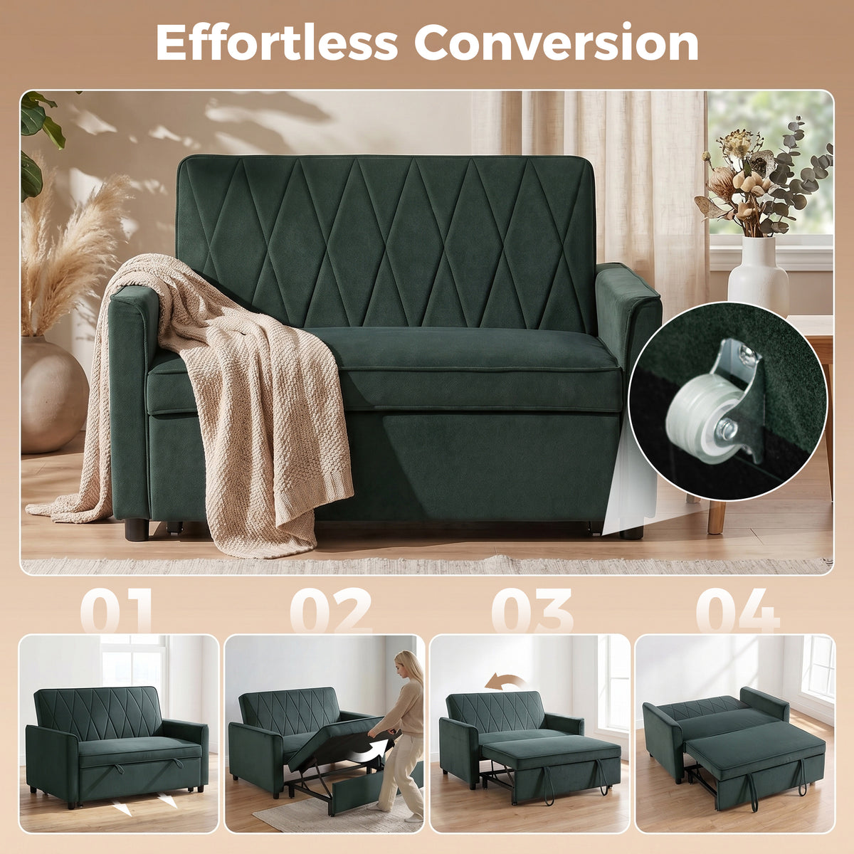 HOMCOM 2 Seater Sofa Bed, 3-in-1 Convertible Pull Out Sleeper Sofa with Click-Clack Adjustable Backrest, Dark Green