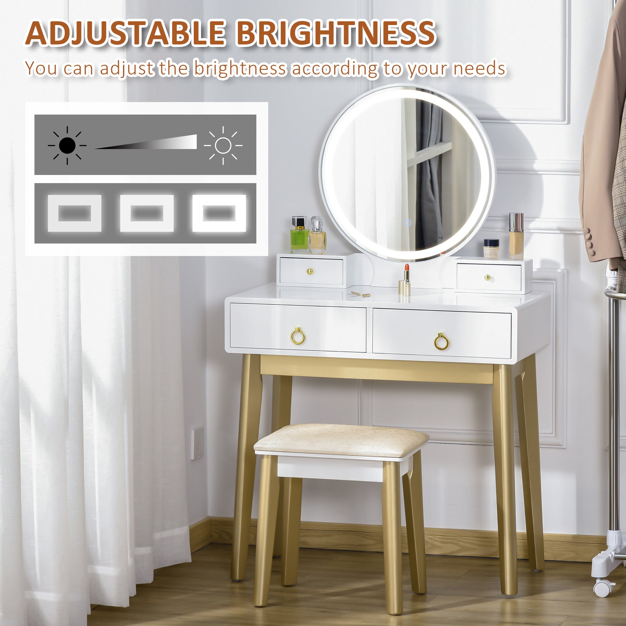 HOMCOM Dressing Table Set with Mirror, Built-in 3 Color LED Light, Vanity Makeup Table with 4 Drawers and Cushioned Stool for Bedroom, White - North Peak Garden Furniture