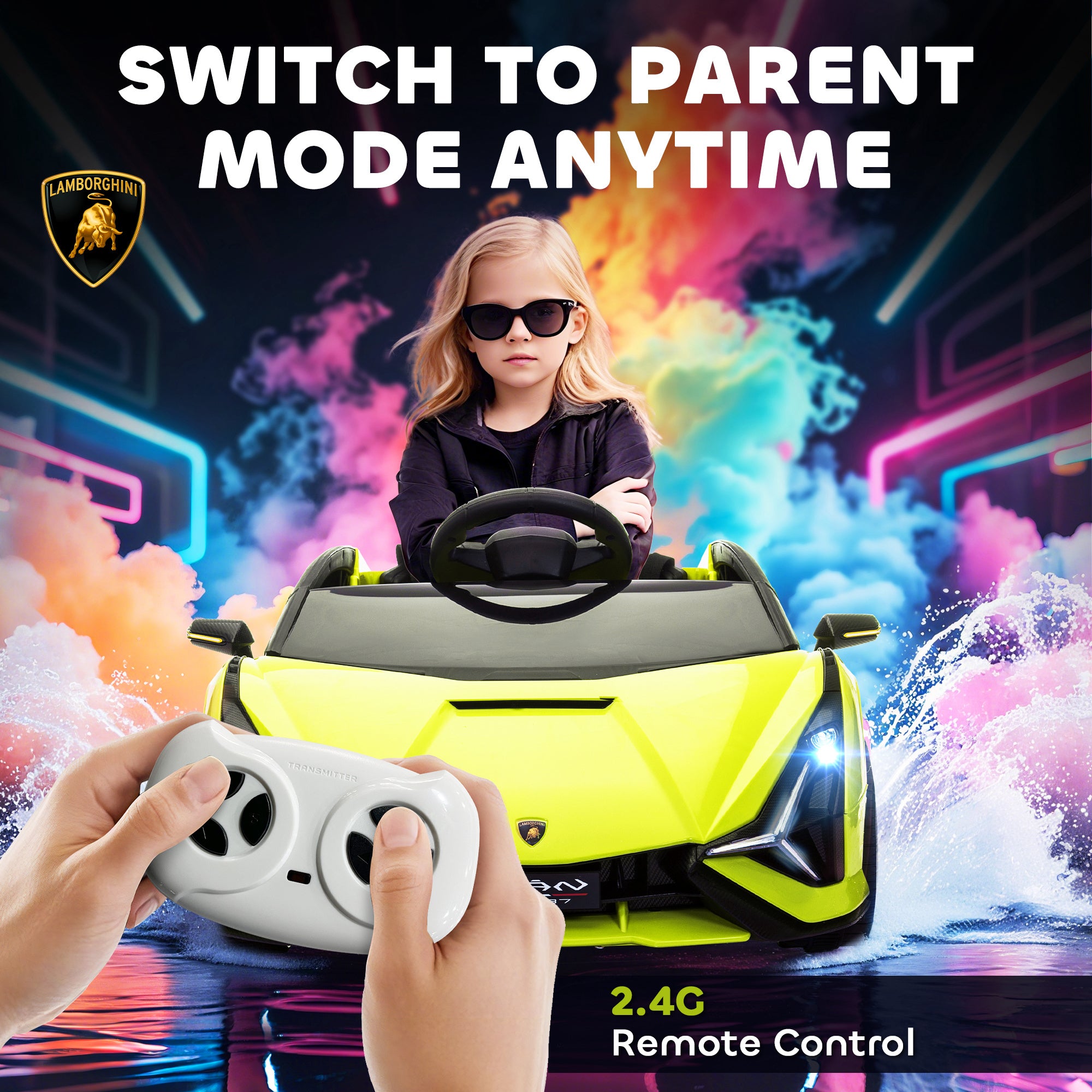 HOMCOM Lamborghini Sian Licensed 12V Kids Electric Ride On Car 2 Motors Toy Car with Remote Control Music Lights MP3 for 3-5 Years Green