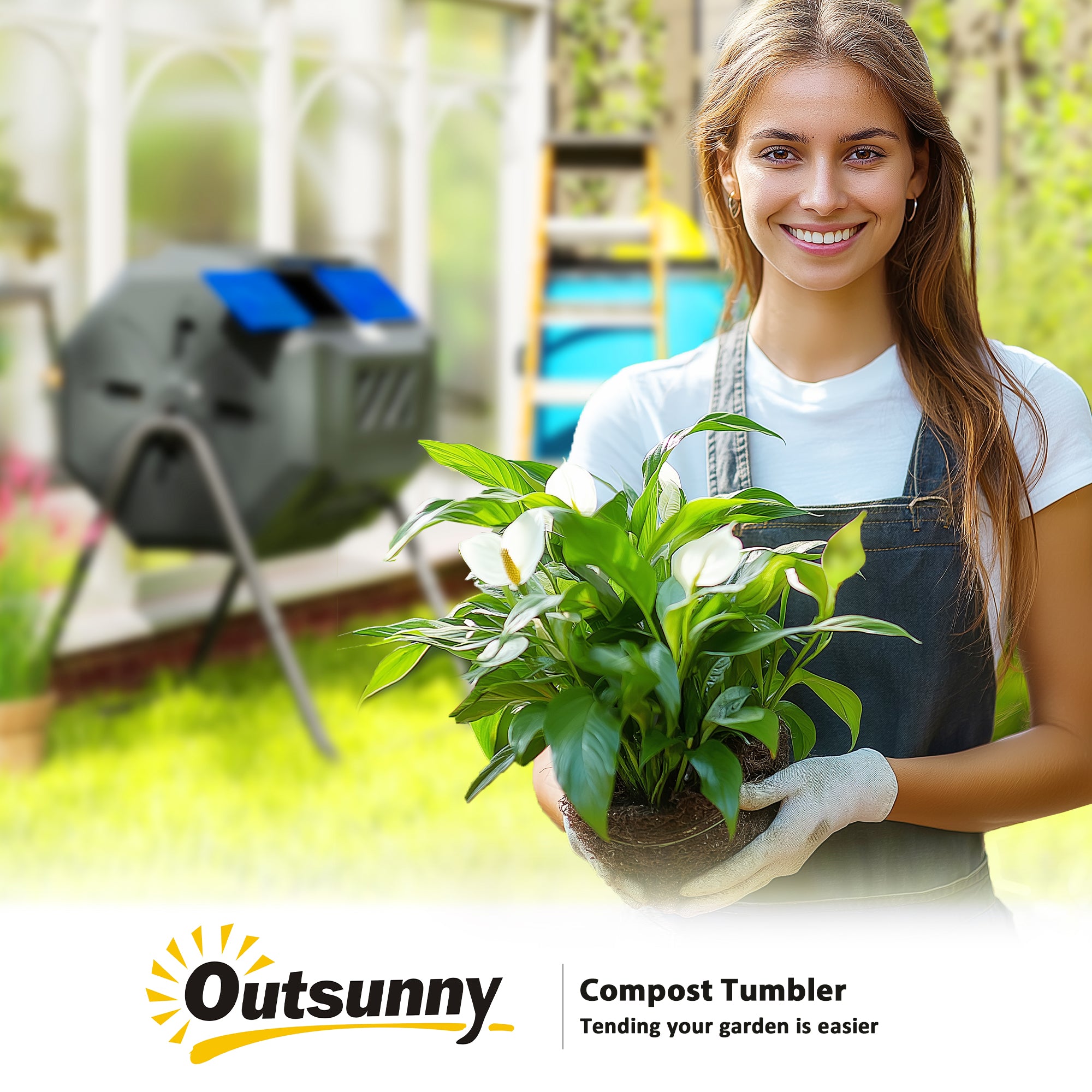 Outsunny 160L Tumbling Compost Bin Outdoor Dual Chamber 360° Rotating Composter, Garden Compost Bin w/ Sliding Doors & Solid Steel Frame, Blue - North Peak Garden Furniture
