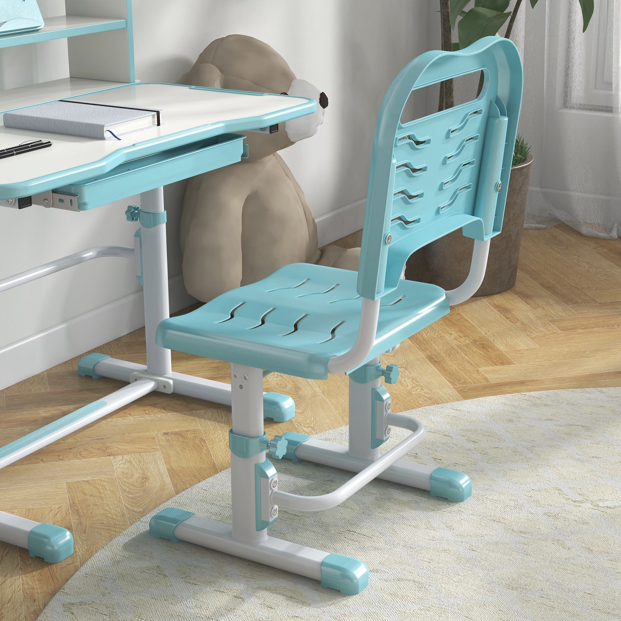 ZONEKIZ Height Adjustable Kids Study Table and Chair Set, with Drawer, Storage Shelf, 80 x 54.5 x 104 cm, Blue - North Peak Garden Furniture