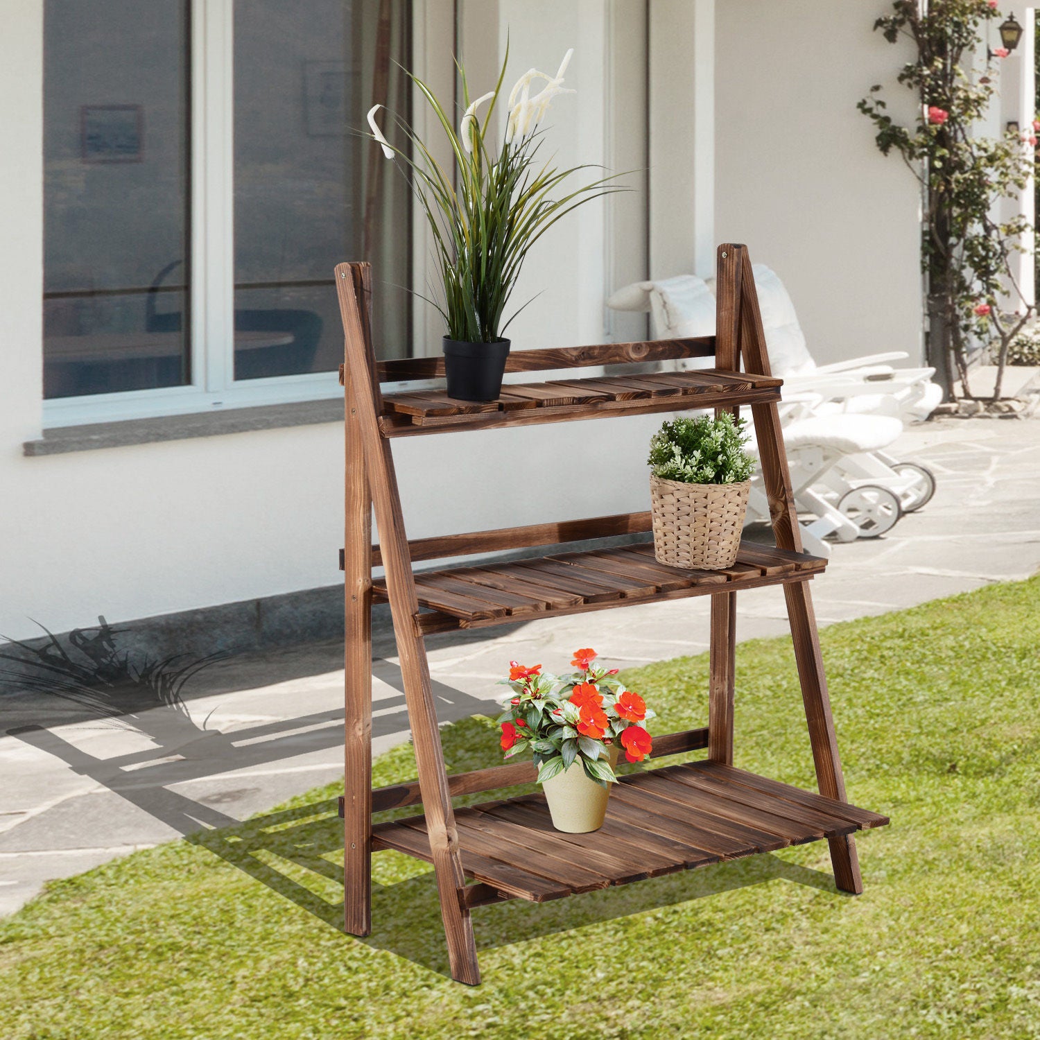 Outsunny Wooden 3 Tier Folding Flower Pot Stand, Garden Planter Display Ladder, Herb Rack, Natural