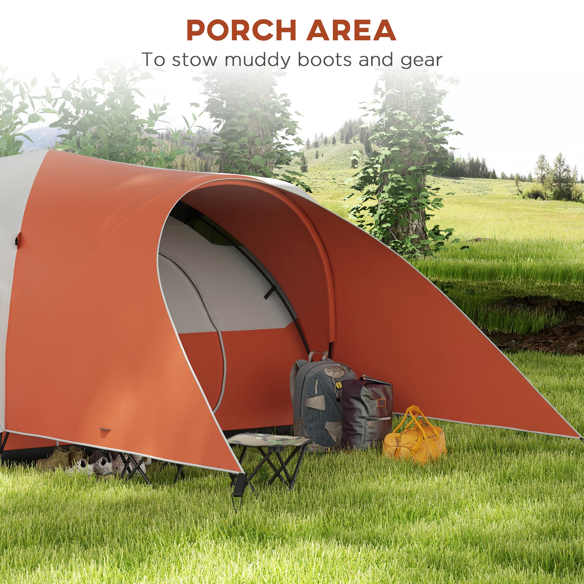 Outsunny 3000mm Waterproof Camping Tent for 5-6 Man, Family Tent with Porch and Sewn in Groundsheet, Portable with Bag, Orange - North Peak Garden Furniture