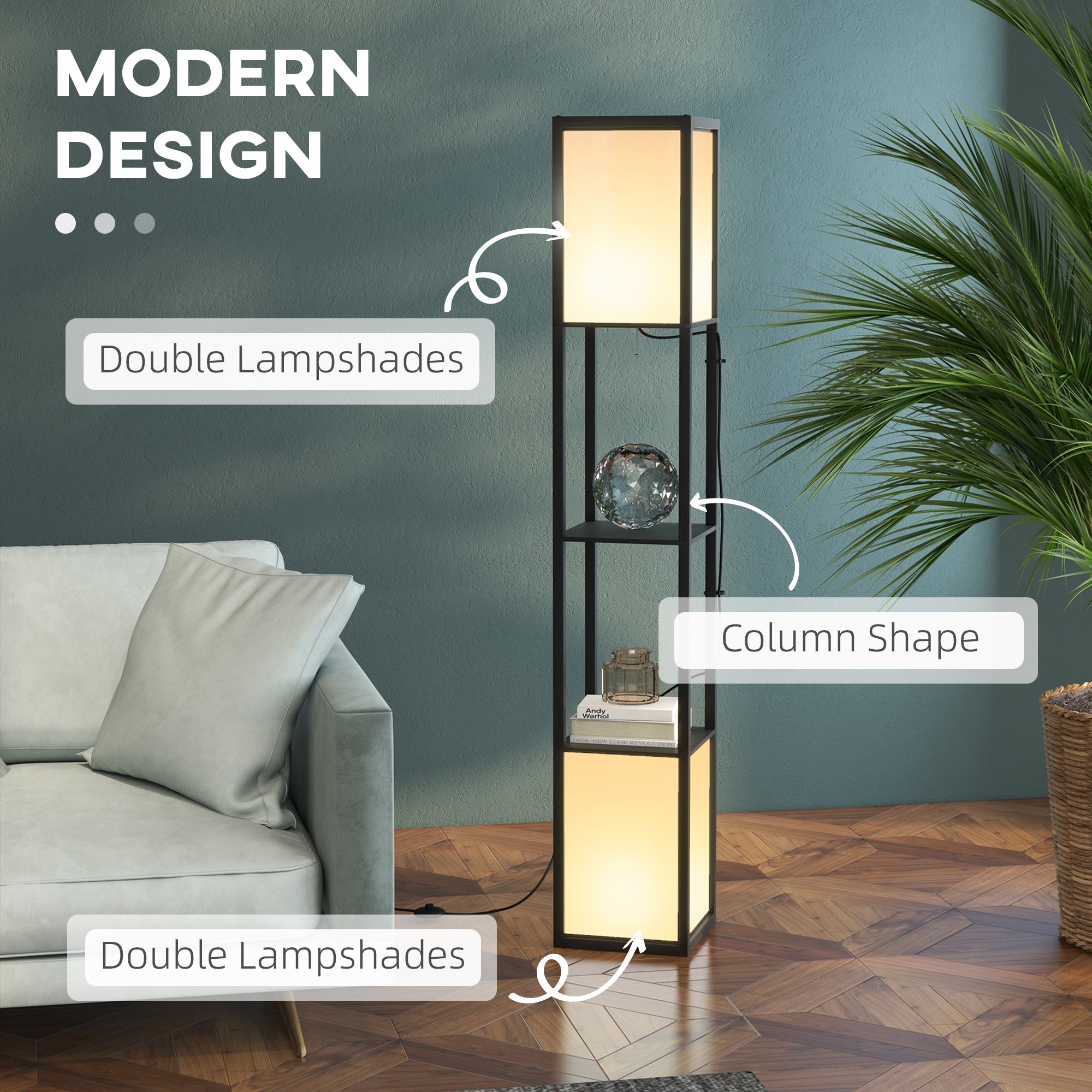 HOMCOM Modern Shelf Floor Lamp with Dual Ambient Light, Standing Lamp Living Room, Bedroom, 156cm, Black - North Peak Garden Furniture