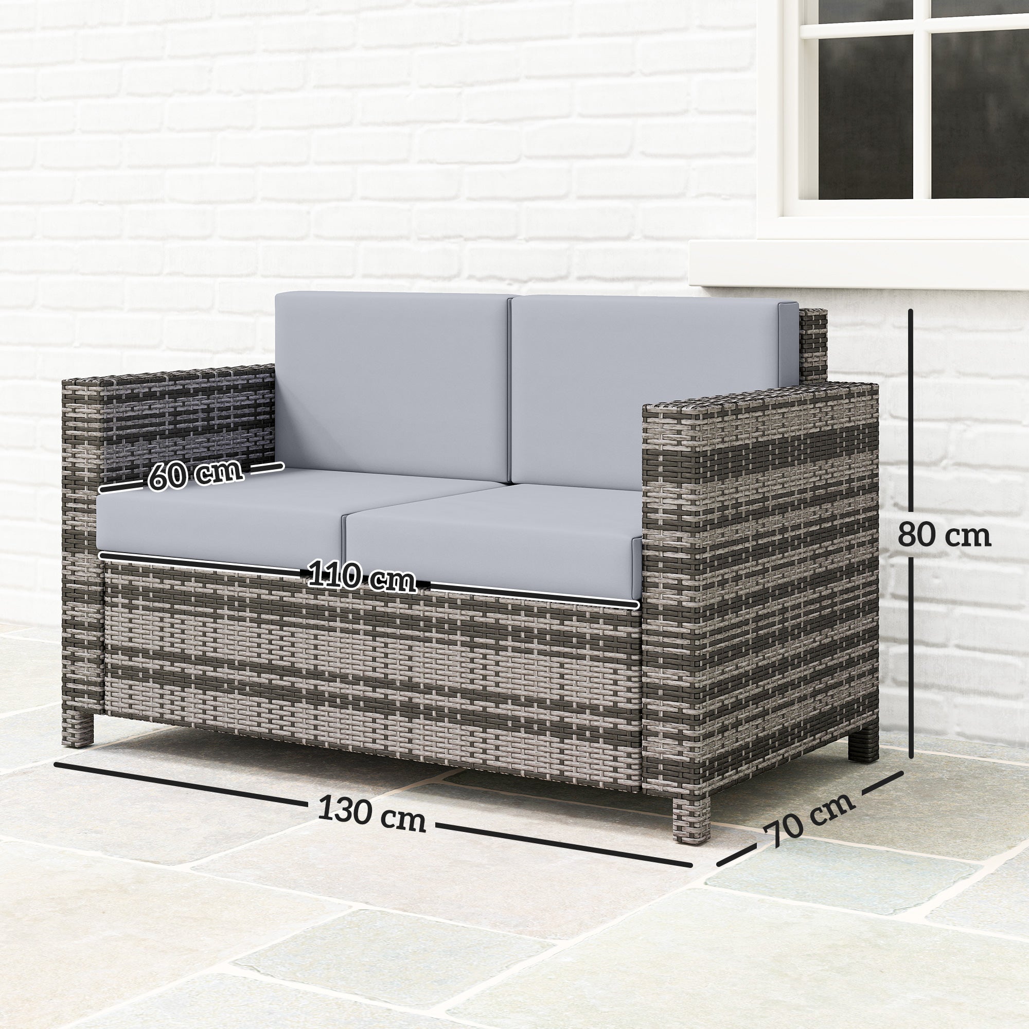 Outsunny 2 Seater Garden Furniture, Rattan Sofa with Soft Padded Cushion and Armrests, Wicker Garden Loveseat for Patio, Mixed Grey