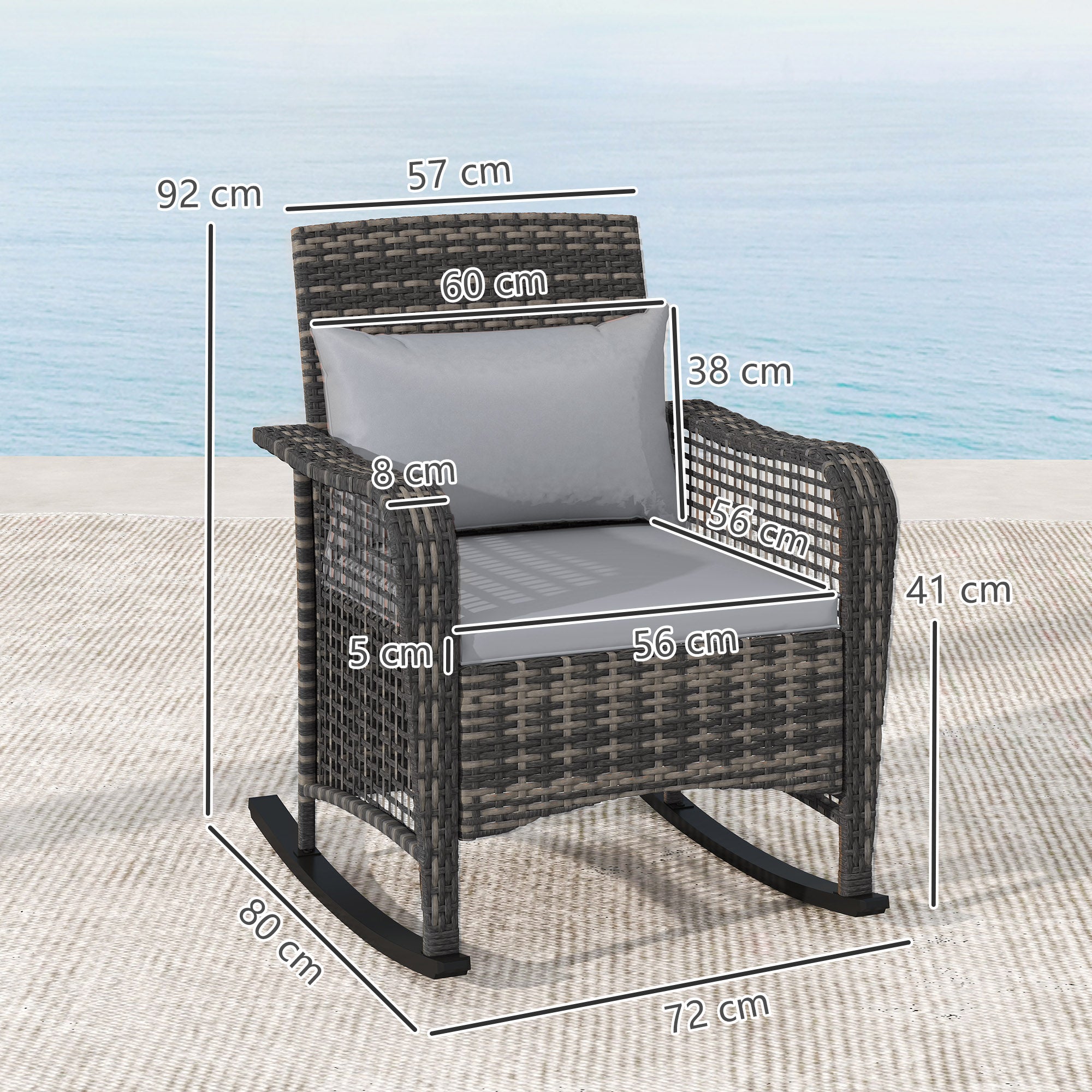 Outsunny Garden Rocking Chair, Outdoor Rattan Rocker Lounge Chair with Seat and Back Cushions, Patio Armchair Seat with All-weather Wicker, Steel Frame for Porch Balcony, Light Grey - North Peak Garden Furniture