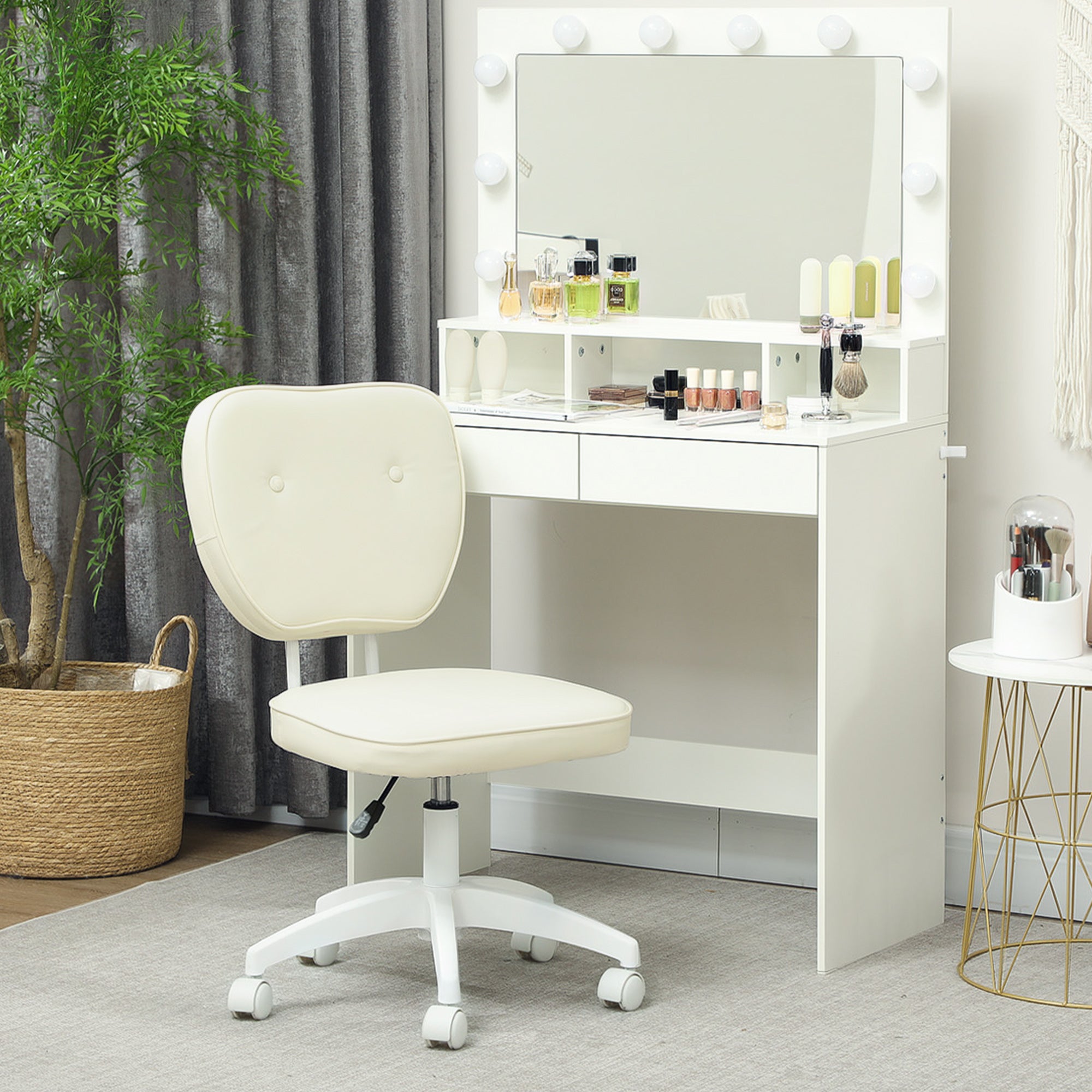 Vinsetto Vanity Office Chair, PU Leather Computer Chair for Home, with Adjustable Height, Armless, Swivel Wheels, Cream