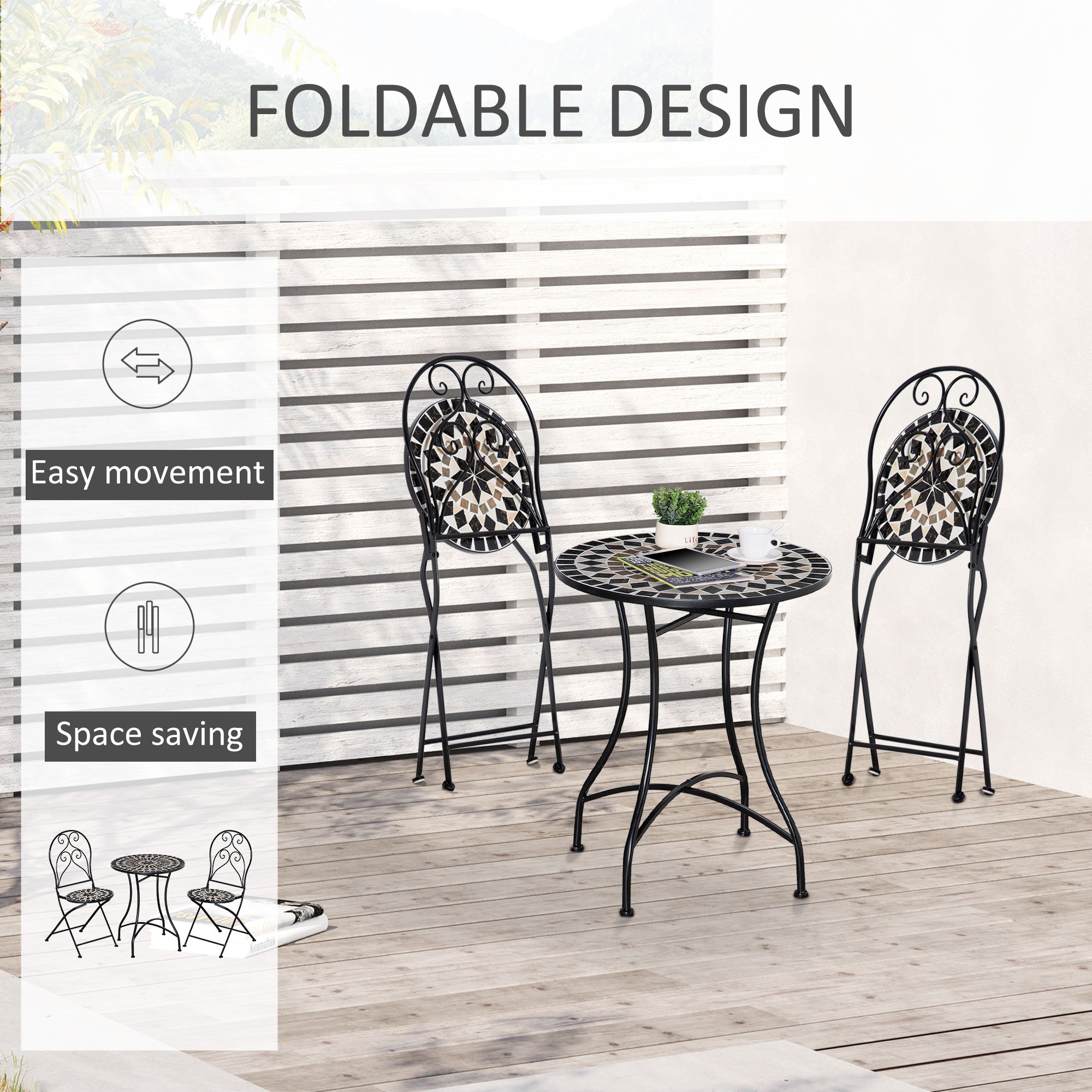 Outsunny 3 Piece Garden Bistro Set with Coffee Table and 2 Folding Chairs, Mosaic Tile Top and Seats, Metal Frame, for Patio Balcony - North Peak Garden Furniture