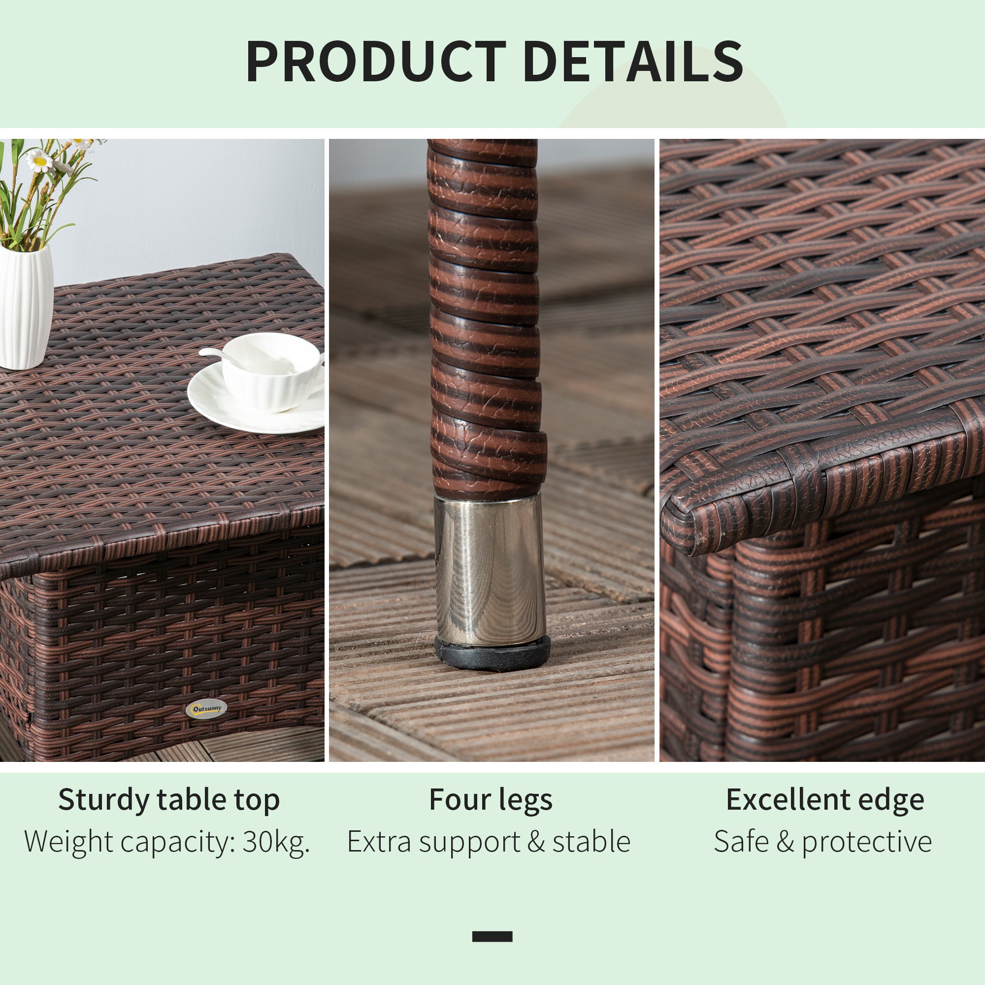 Outsunny Outdoor Rattan Side Table Coffee Table with Plastic Board, Full Woven Table Top for Patio, Garden, Balcony, Mixed Brown - North Peak Garden Furniture