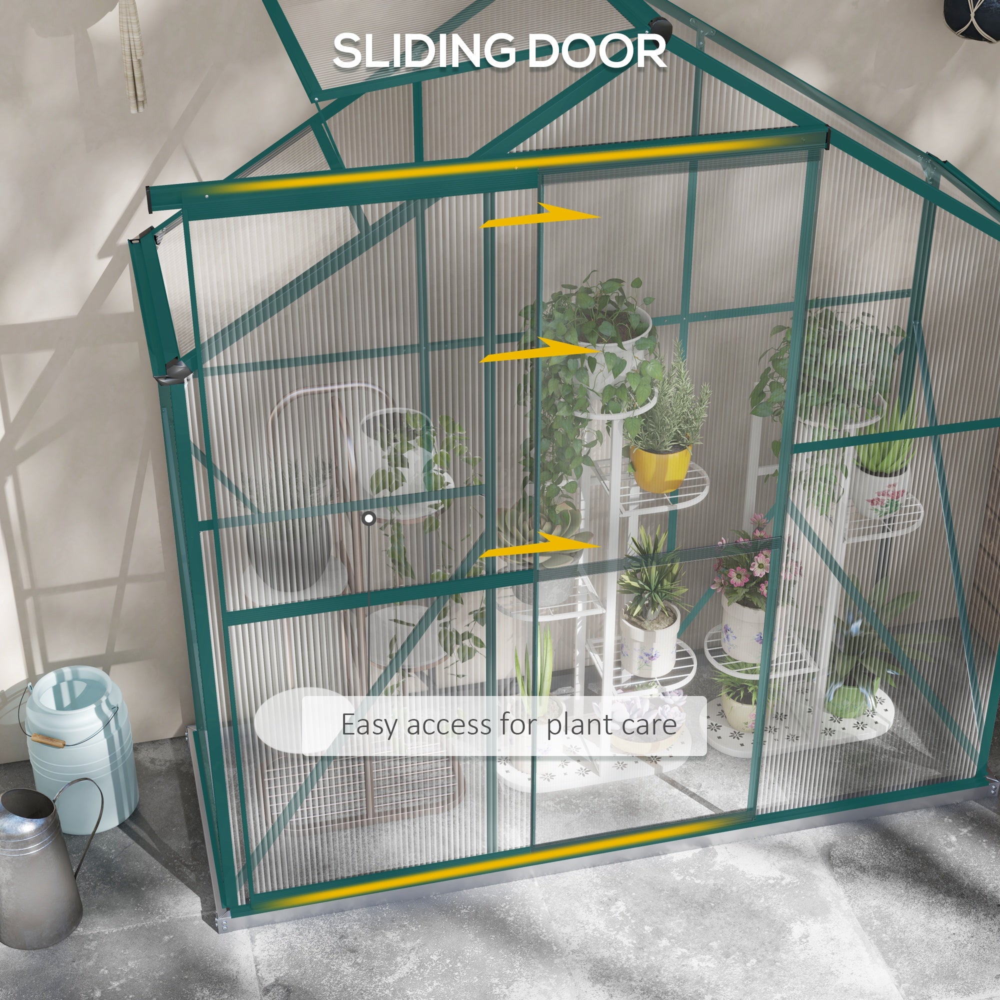 Outsunny 6 x 2.5ft Polycarbonate Greenhouse Walk-In Green House with Rain Gutter, Sliding Door, Window, Foundation, Green - North Peak Garden Furniture