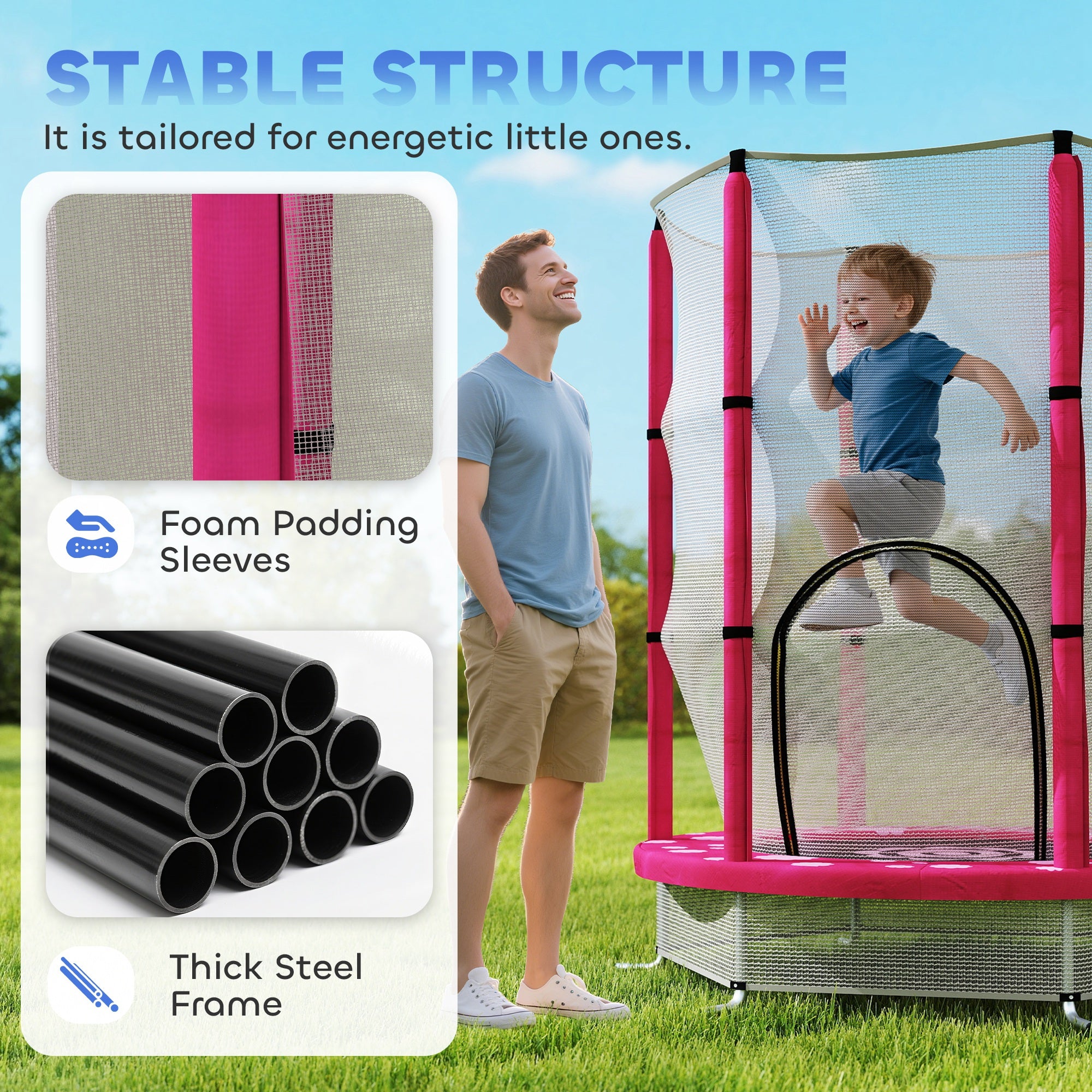 AIYAPLAY 4.6FT Toddler Trampoline w/ Safety Enclosure Net, for Indoor Outdoor Use, Ages 3-6 Years, Sun Pattern - Pink