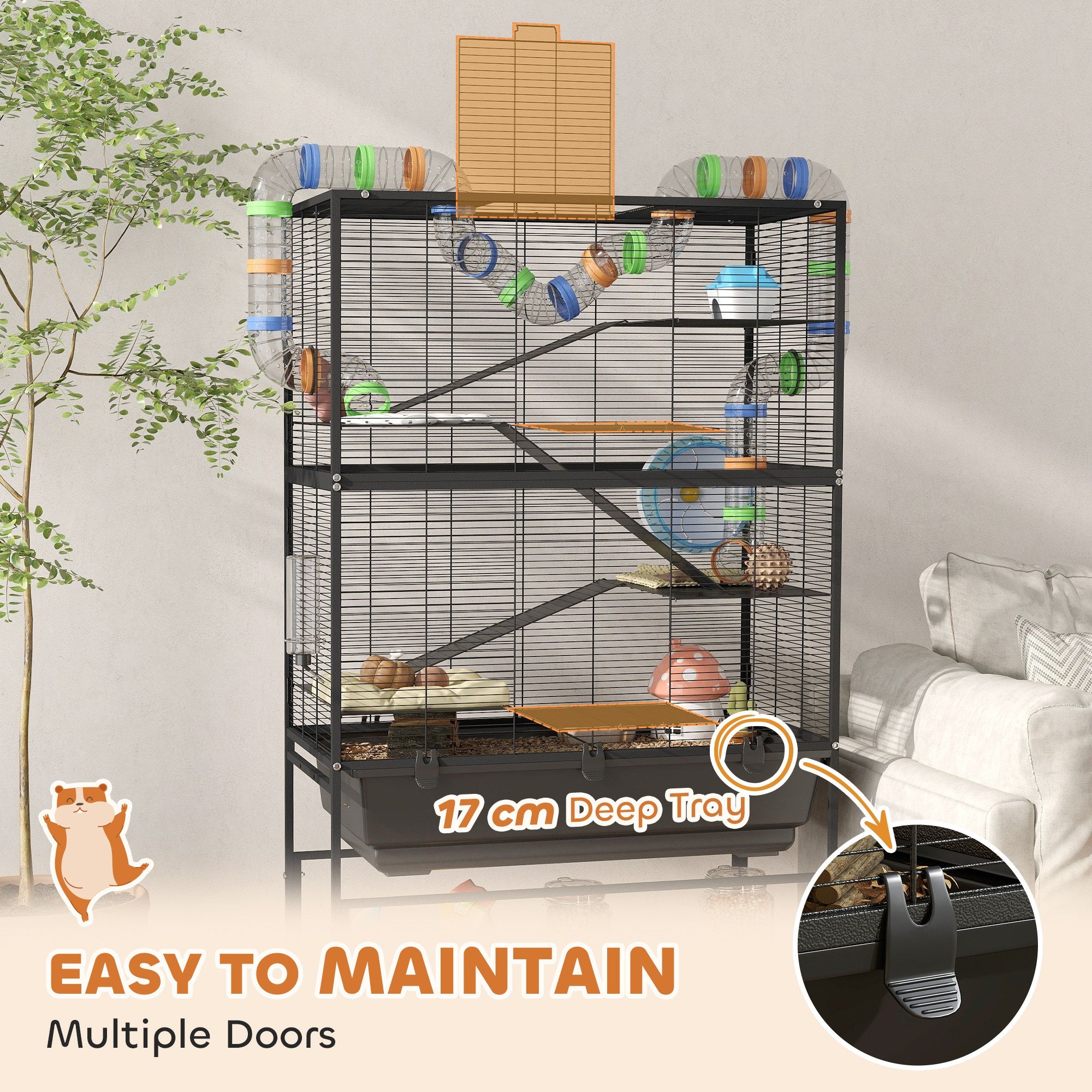 PawHut 5 Tier Large Hamster Cage on Wheels with 17 cm Deep Tray, Storage Shelf for Syrian, Gerbil, Rats - North Peak Garden Furniture