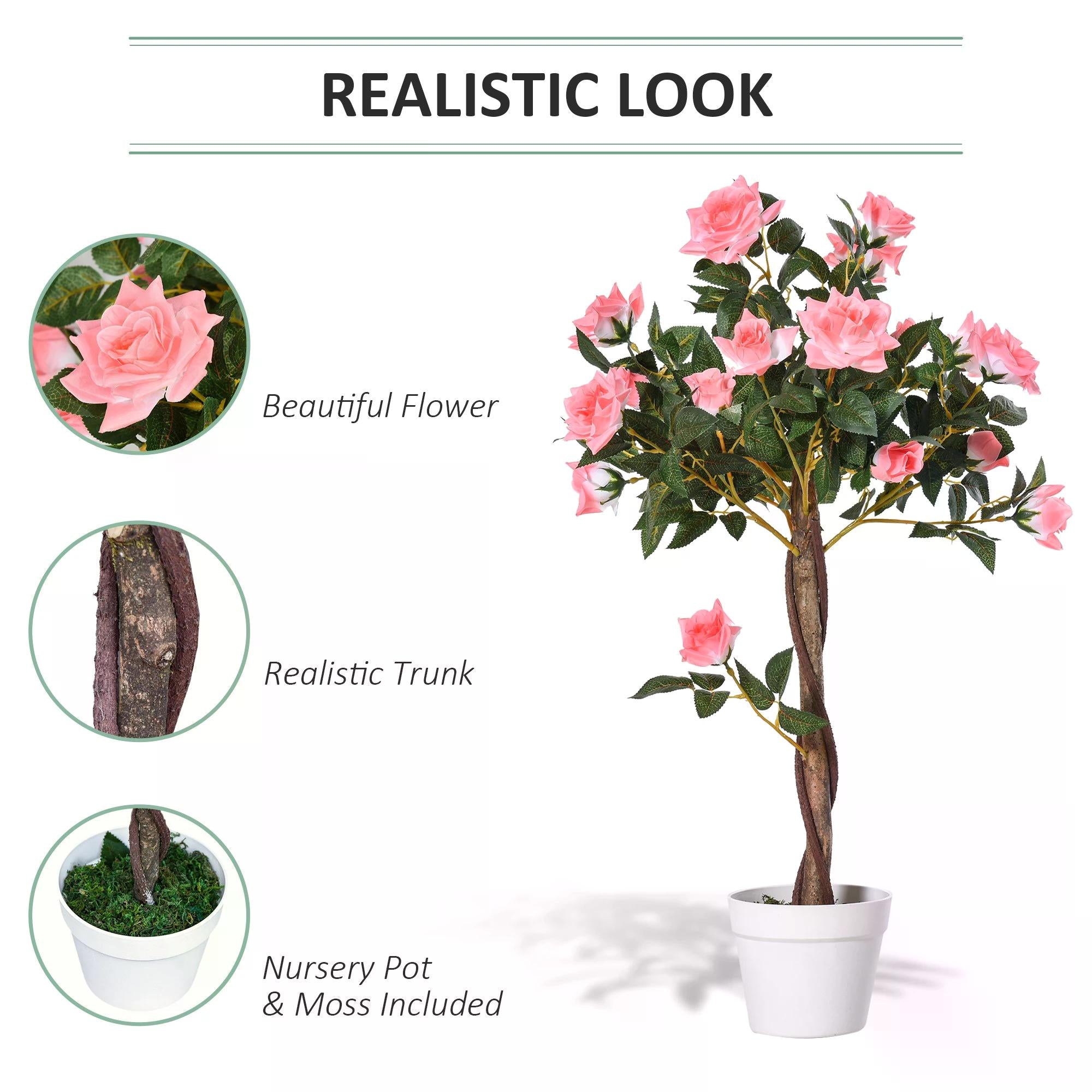 Outsunny Artificial Rose Tree: 90cm Fake Plant with 21 Flowers, Pink & Green Indoor/Outdoor Home Office Decor