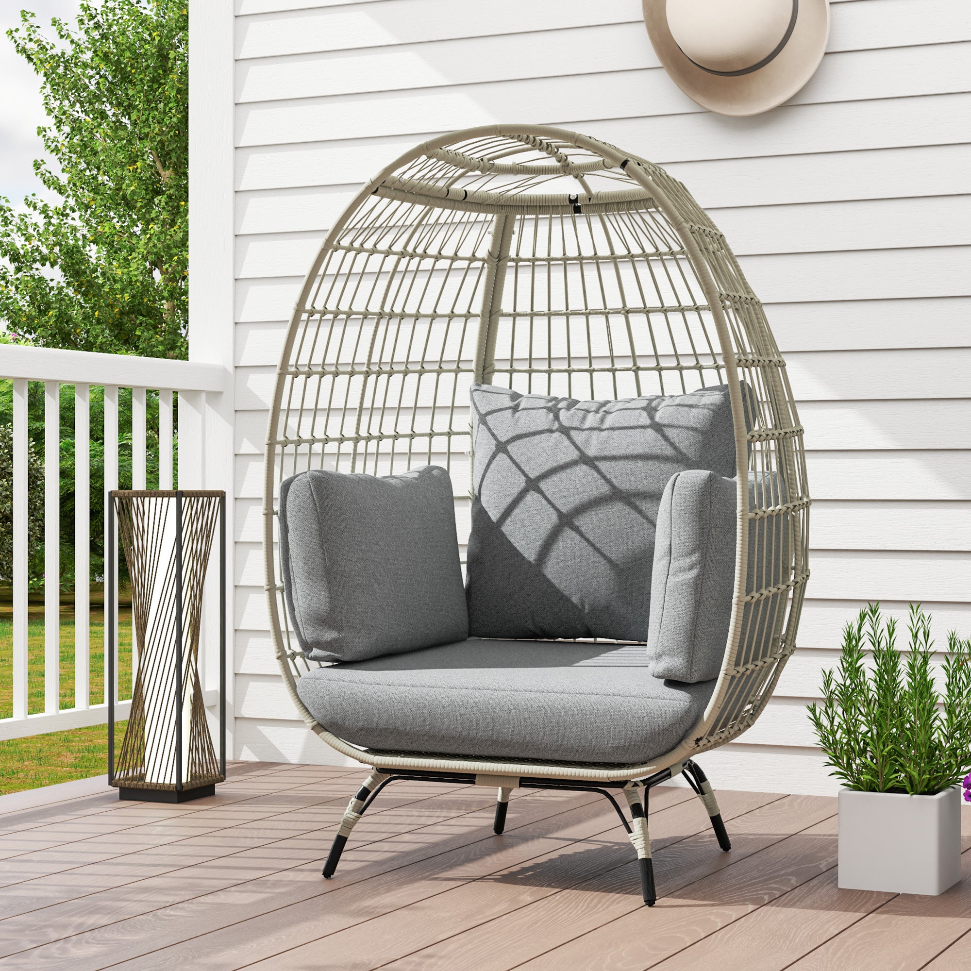 Outsunny Rattan Egg Chair with Cushions and Pillows, Charcoal Grey - North Peak Garden Furniture