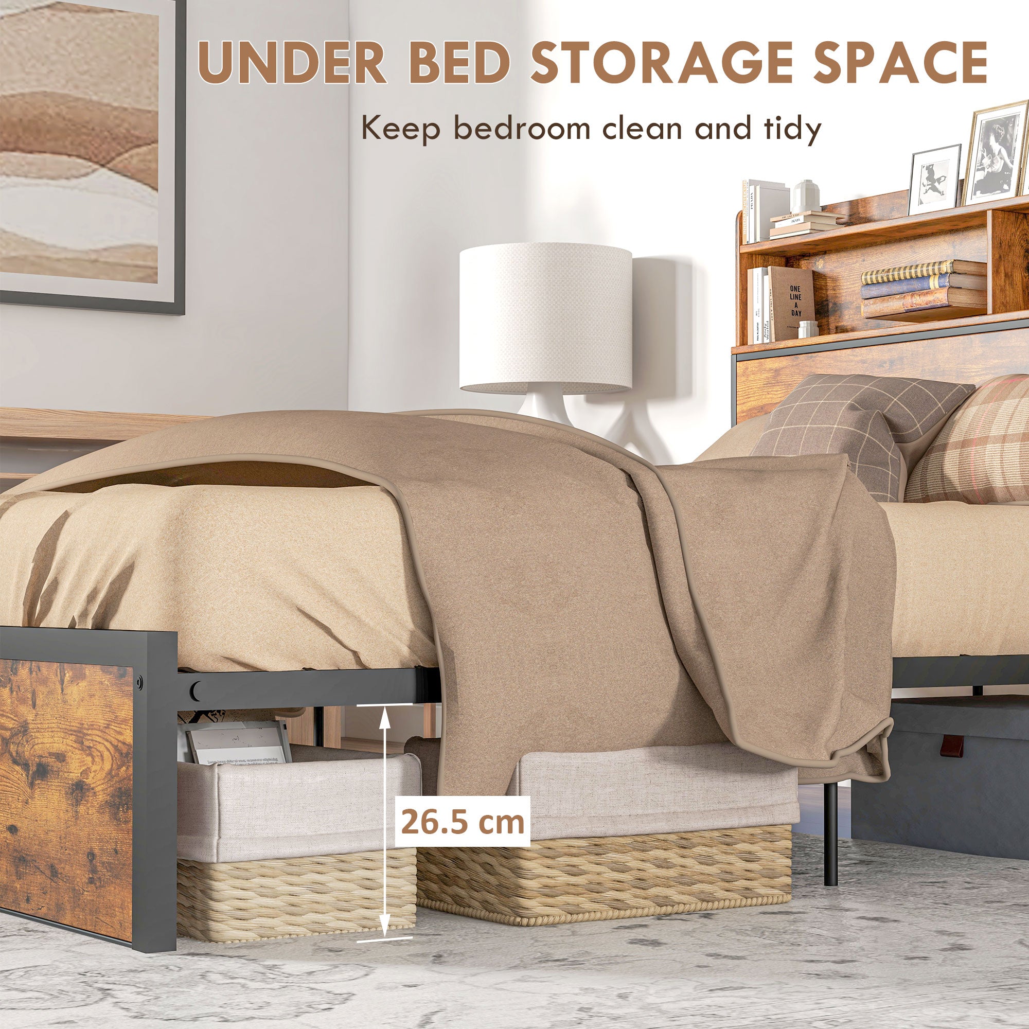 HOMCOM Industrial Double Bed Frame, 4.8FT Steel Bed Base with Storage Headboard, Footboard, Slatted Support and Under Bed Storage, 145 x 209cm, Rustic Brown - North Peak Garden Furniture