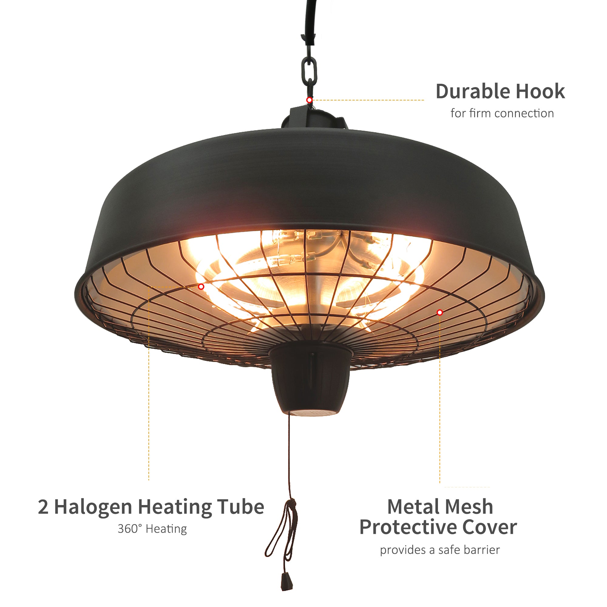 Outsunny Adjustable Power 1000/2500W Infrared Halogen Electric Patio Light Heater, Ceiling Hanging Mount -Black - North Peak Garden Furniture