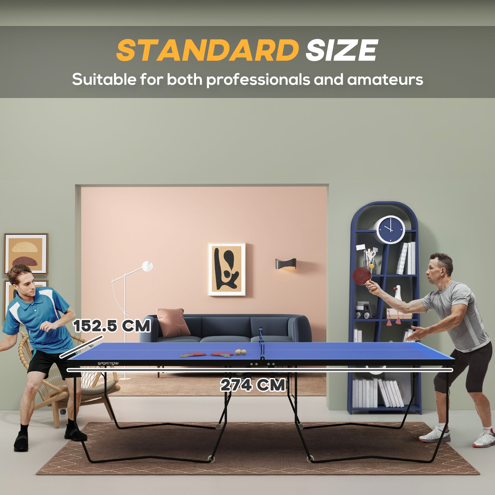 SPORTNOW 9FT Folding Table Tennis Table, with 8 Wheels, for Indoor Use - Blue - North Peak Garden Furniture