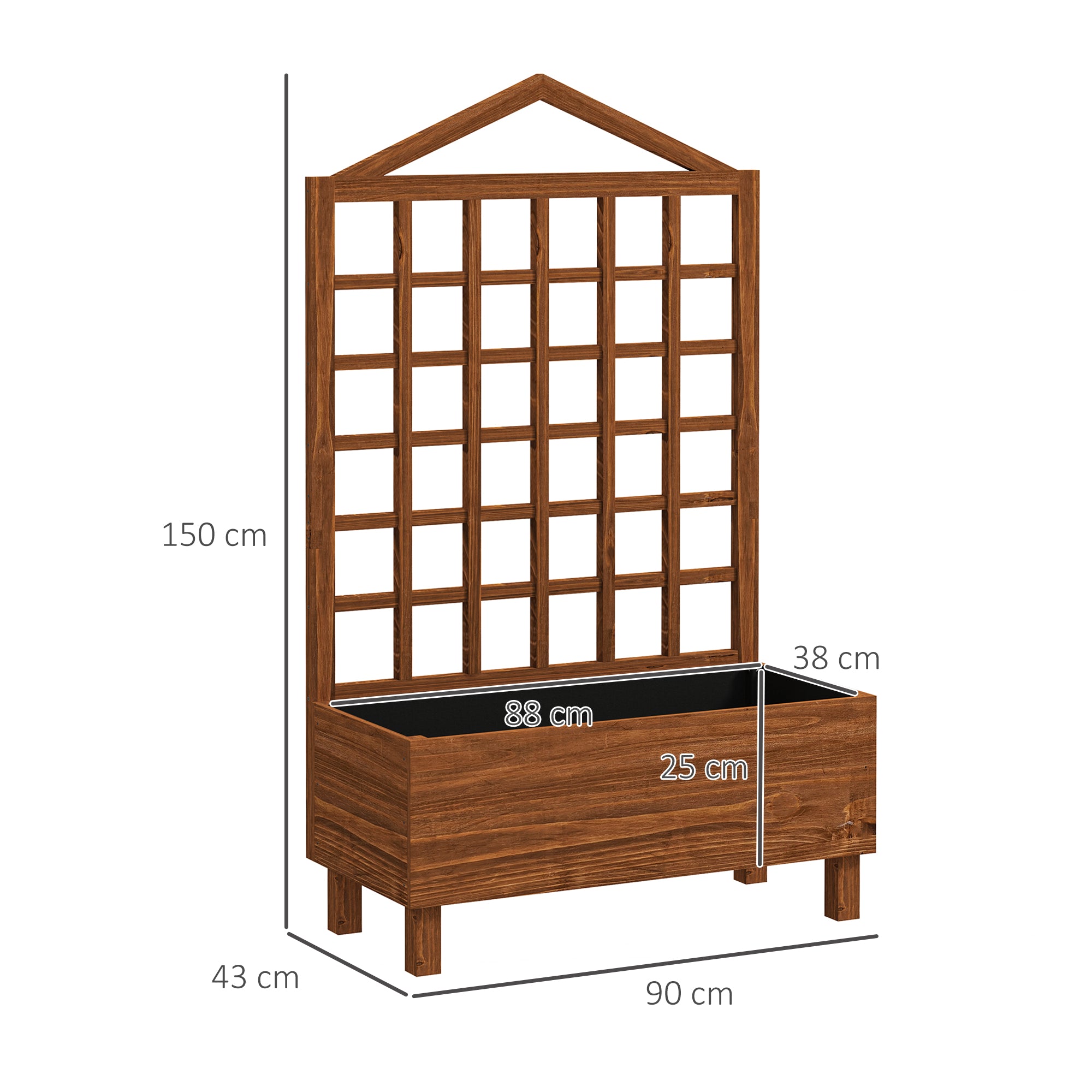 Outsunny Garden Planters with Trellis for Vine Climbing, Distressed Wooden Raised Beds, 90x43x150cm, Brown