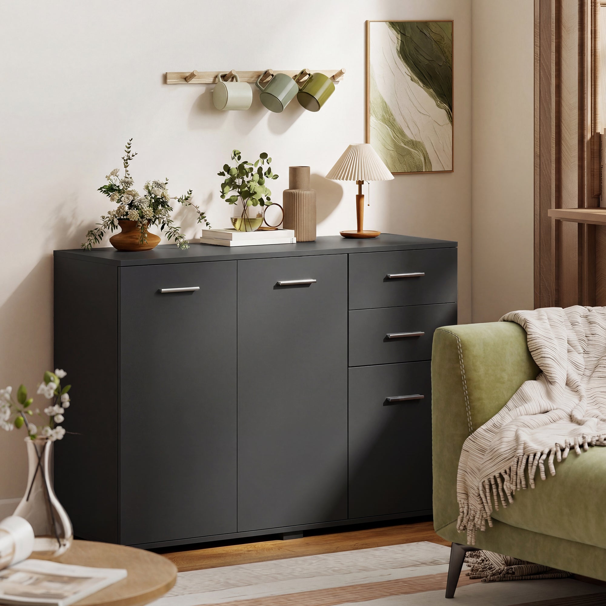 HOMCOM Sideboard, Modern Storage Cabinet with 2 Drawers, 3 Doors and Adjustable Shelves, Black