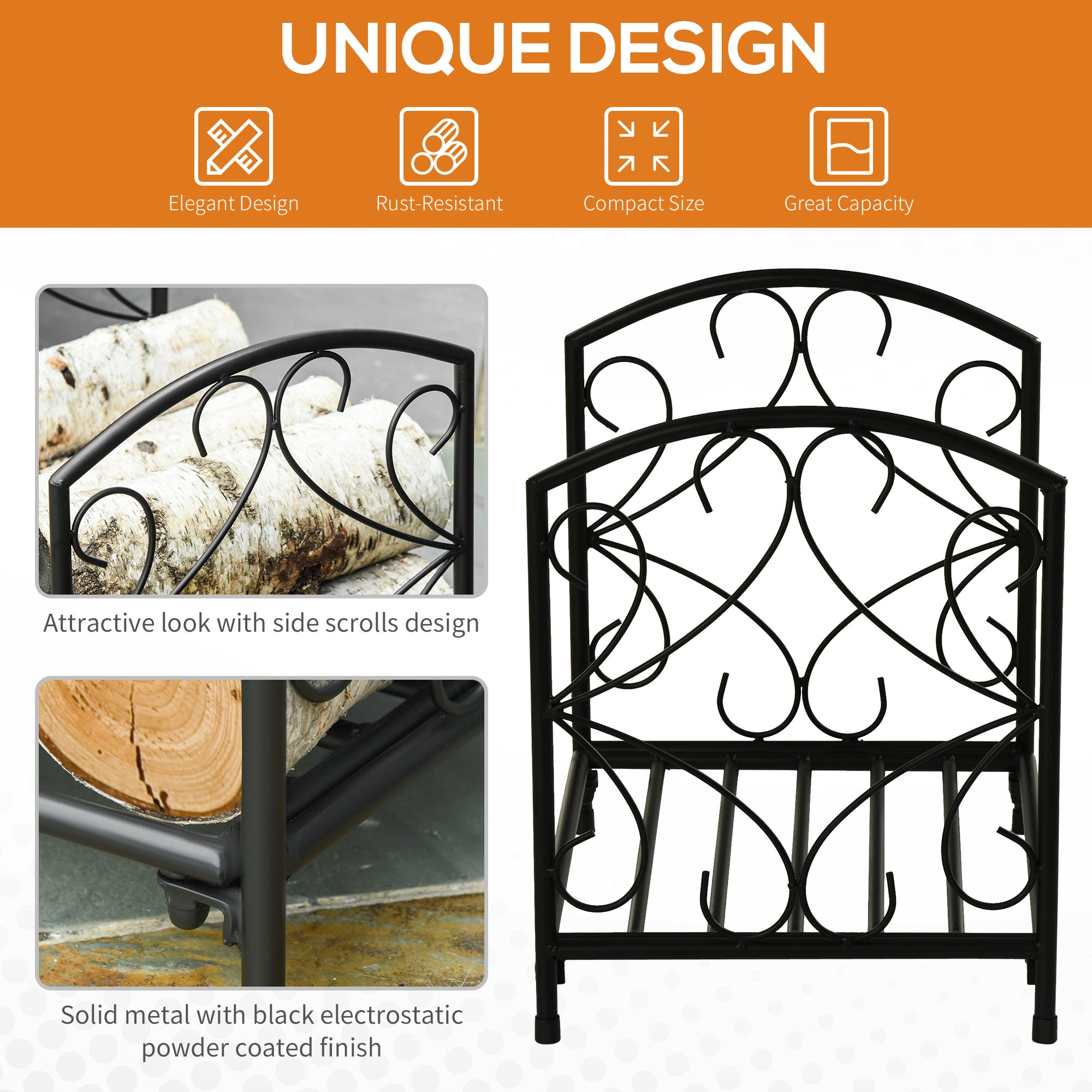 Outsunny Metal Firewood Log Holder Indoor Outdoor Firewood Rack Fireplace Wood Storage Shelf w/ Elegant Scrolls, Rust-Resistant, Black, 39.5L x 31.5W x 39.5H cm - North Peak Garden Furniture