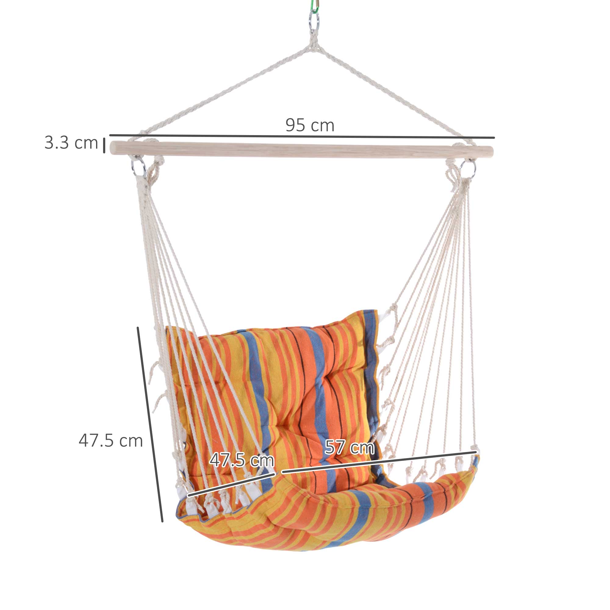 Outsunny Outdoor Hanging Rope Chair with Soft Padded Seat & Backrest, Garden Hammock Chair with Wooden Support Bar Cotton Cloth, Portable Garden Chair for Patio & Tree, Orange - North Peak Garden Furniture