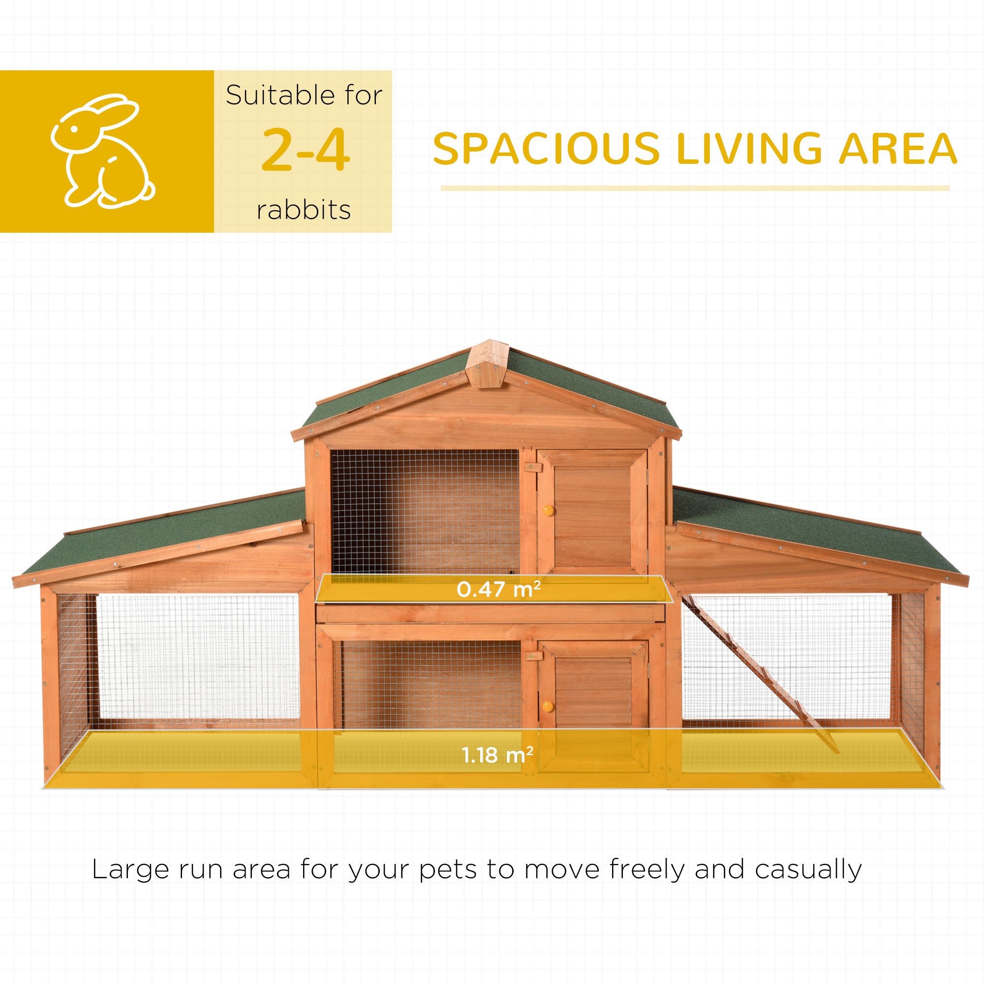 PawHut Large Rabbit Hutch Outdoor, Guinea Pig Hutch, Wooden Small Animal House, with Rabbit Run, 215 x 63 x 97 cm - North Peak Garden Furniture
