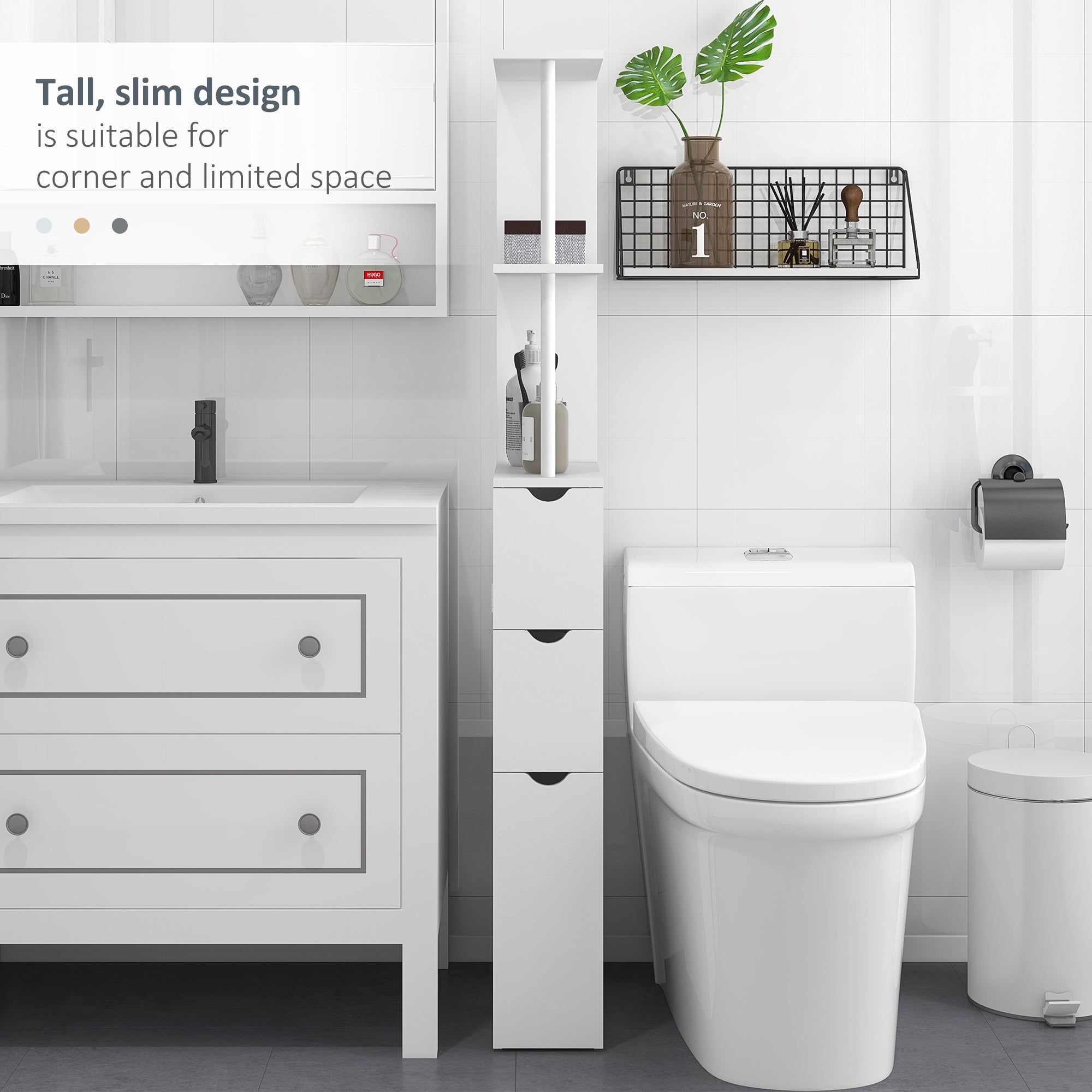 kleankin Slim Bathroom Storage Cabinet with Drawers, Tall Bathroom Cupboard with 2-Tier Shelf, White - North Peak Garden Furniture