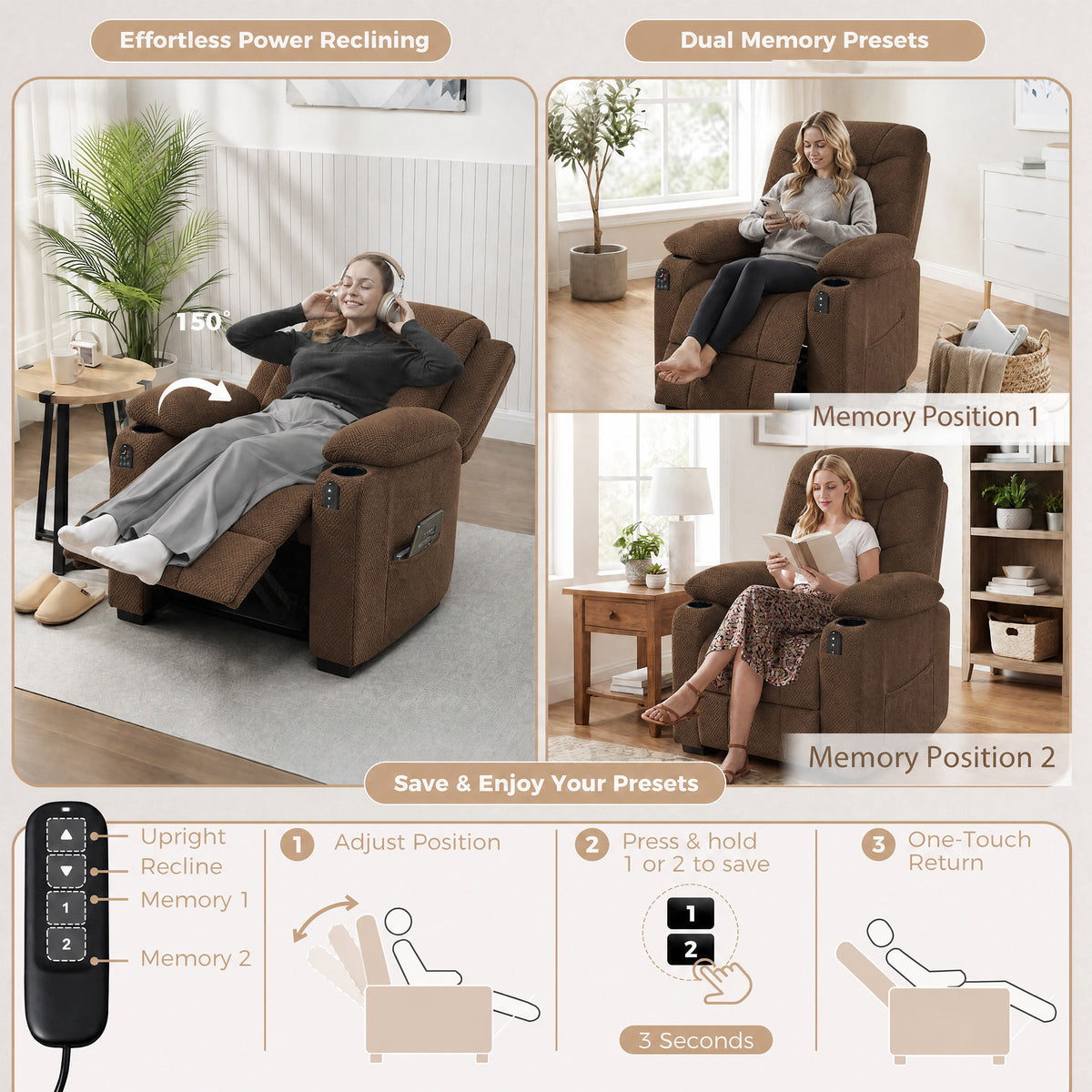 HOMCOM Electric Massage Recliner Armchair with Vibration, Heat, Whisper-Quiet Motor, Memory Function, Fleece Power Reclining Chair with Spring Pack, USB Port, Footrest, Side Pocket, Brown