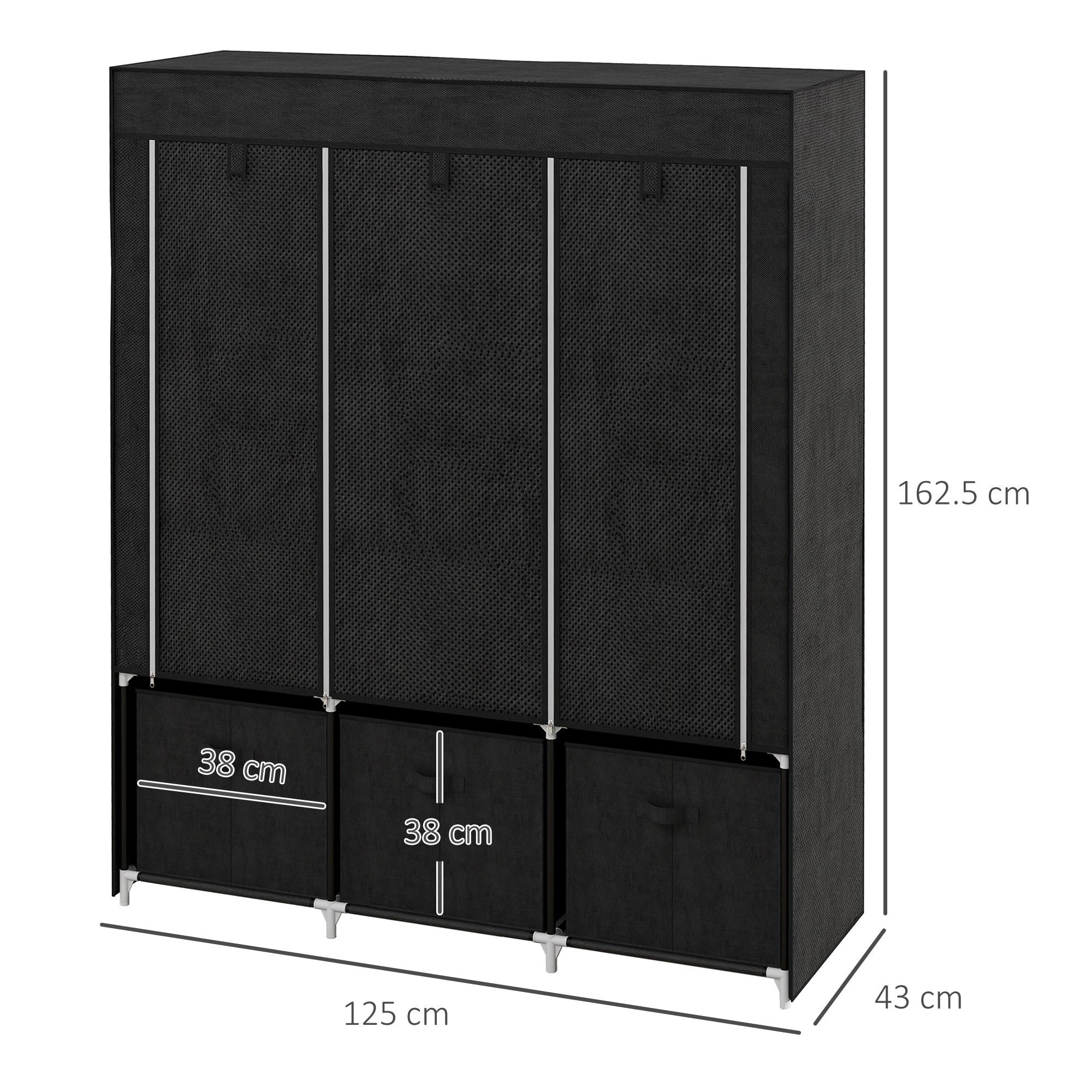 HOMCOM Foldable Fabric Wardrobe for Bedroom, Portable Wardrobe with 5 Shelves, 2 Hanging Rails and 3 Fabric Drawers, Black