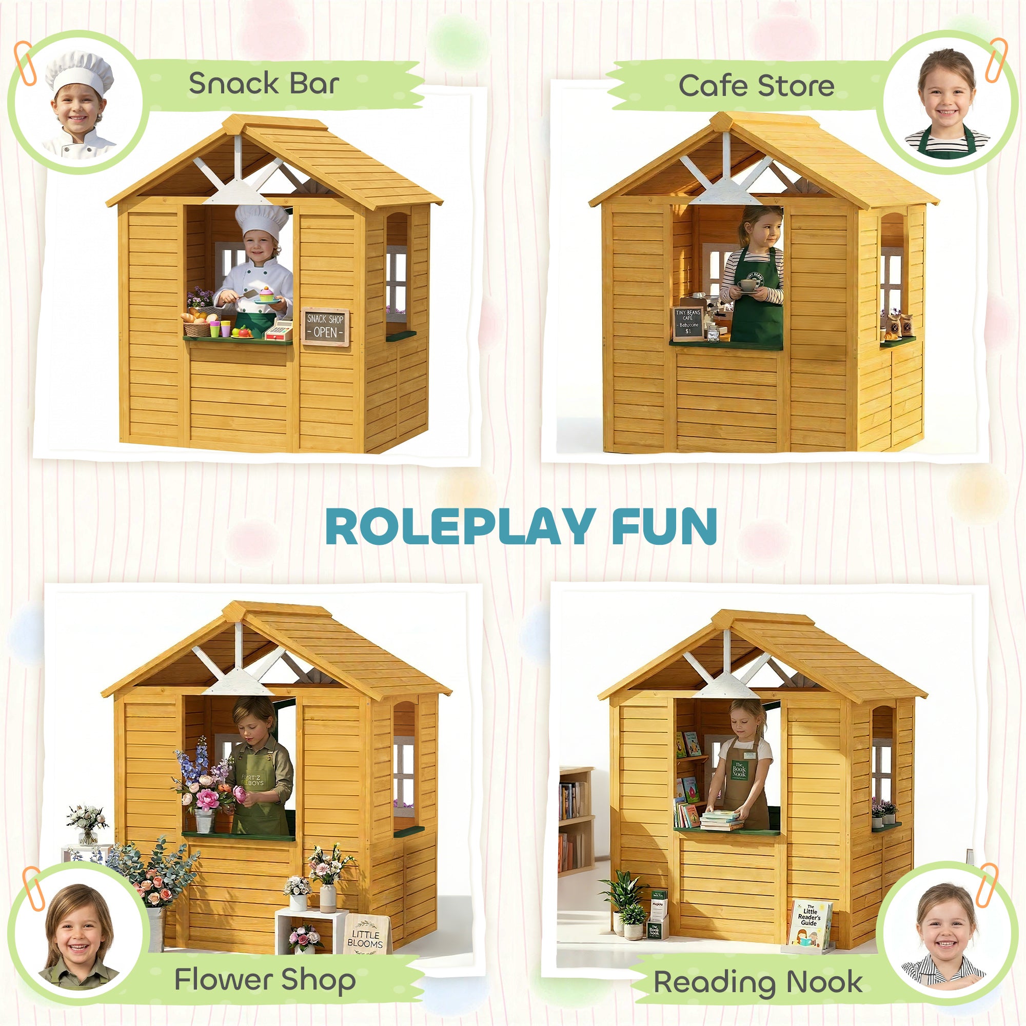 AIYAPLAY Outdoor Kids Playhouse, Wooden Wendy House with Door, 3 Windows, 2 Flower Boxes for Garden, Indoor Playroom
