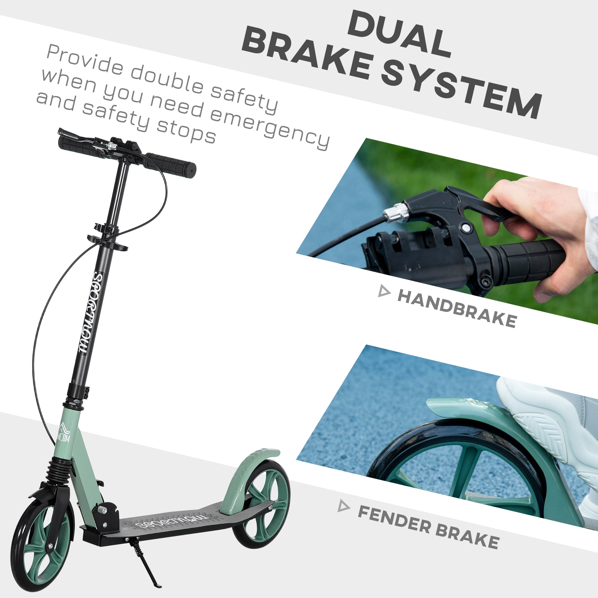 HOMCOM One-click Folding Kick Scooter for 14+ w/ Adjustable Handlebar, Push Scooter with Kickstand, Dual Brake System, Shock Absorber, 200mm Wheels & ABEC-9 Bearings - North Peak Garden Furniture