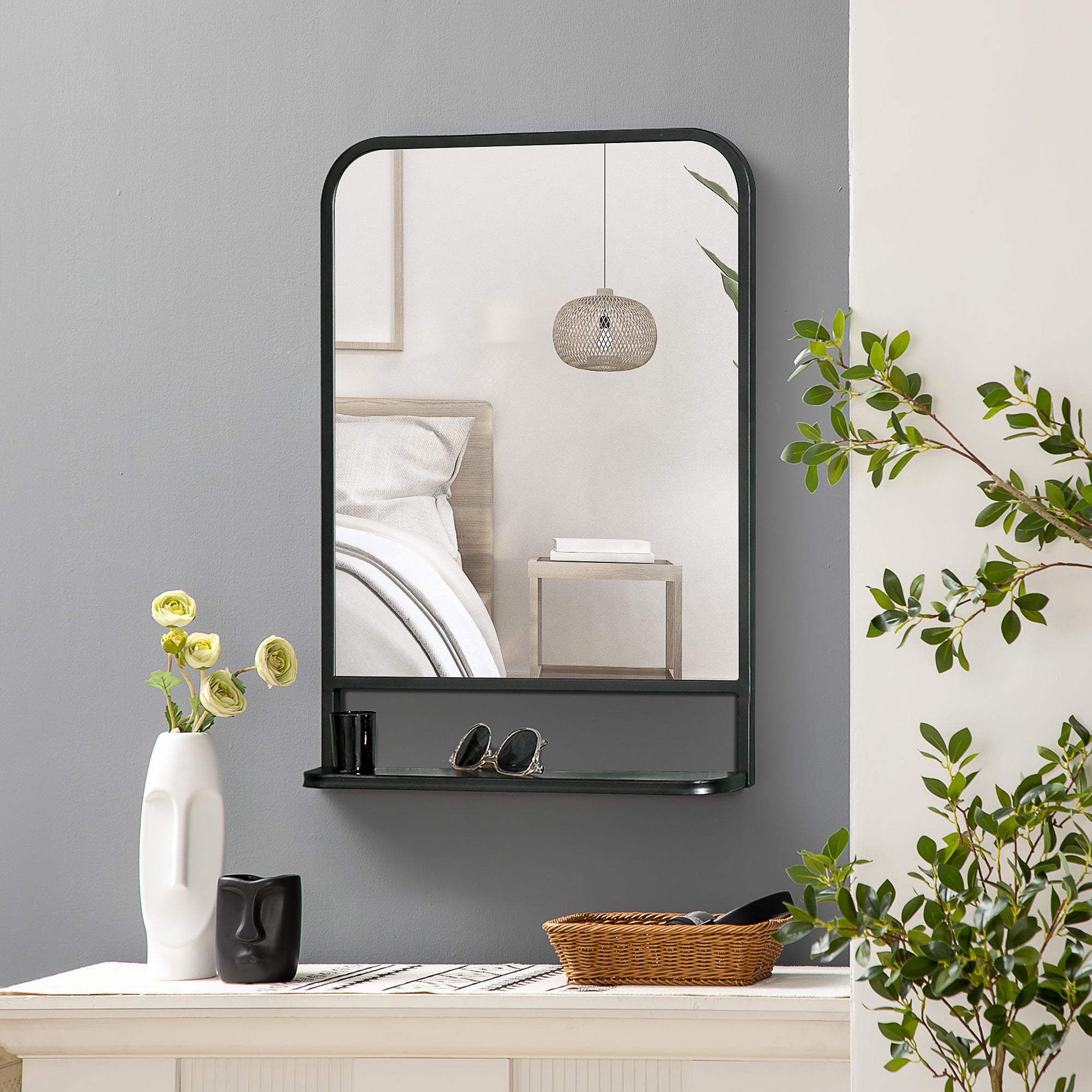 HOMCOM Modern Square Wall Mirror with Storage Shelf, 70 x 50 cm Mirrors for Living Room, Bedroom, Black - North Peak Garden Furniture