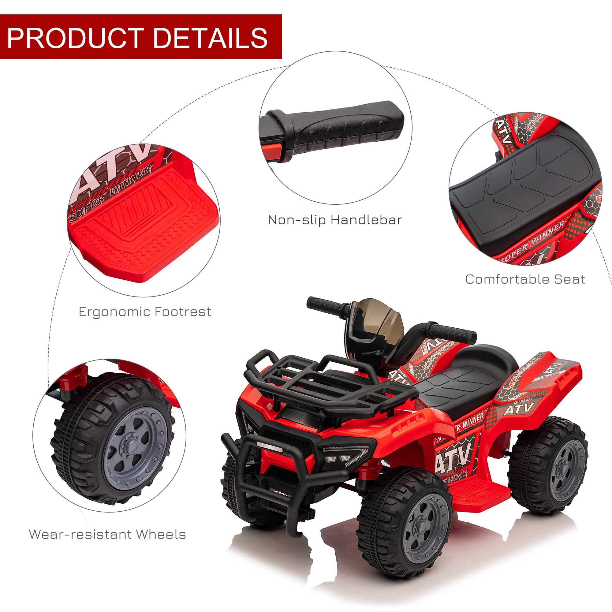 HOMCOM 6V Kids Electric Ride on Car Toddlers Quad Bike Toy With Music for 18-36 months Red - North Peak Garden Furniture