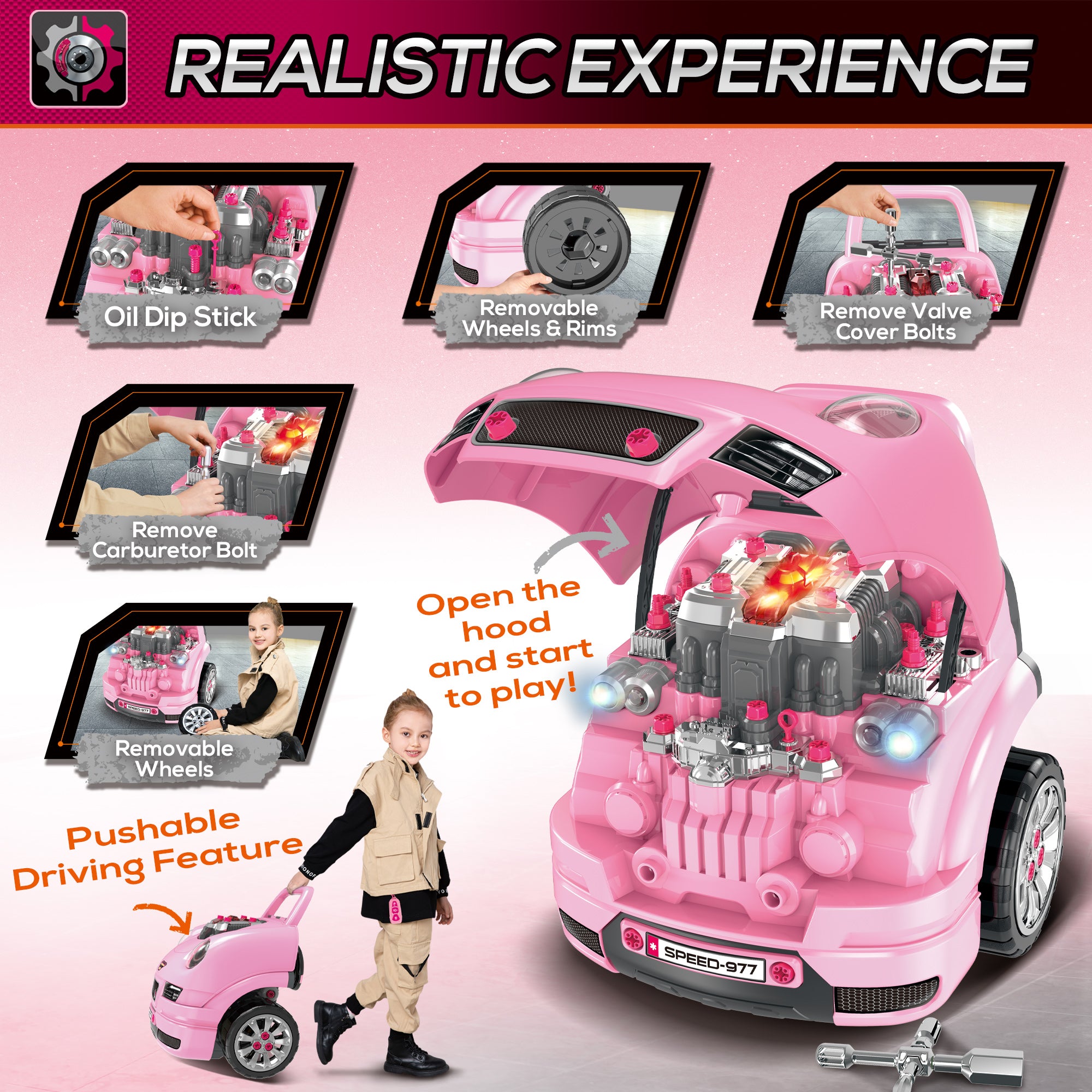 HOMCOM Kids Truck Engine Toy Set, with Horn, Light, Car Key, for Ages 3-5 Years - Pink - North Peak Garden Furniture