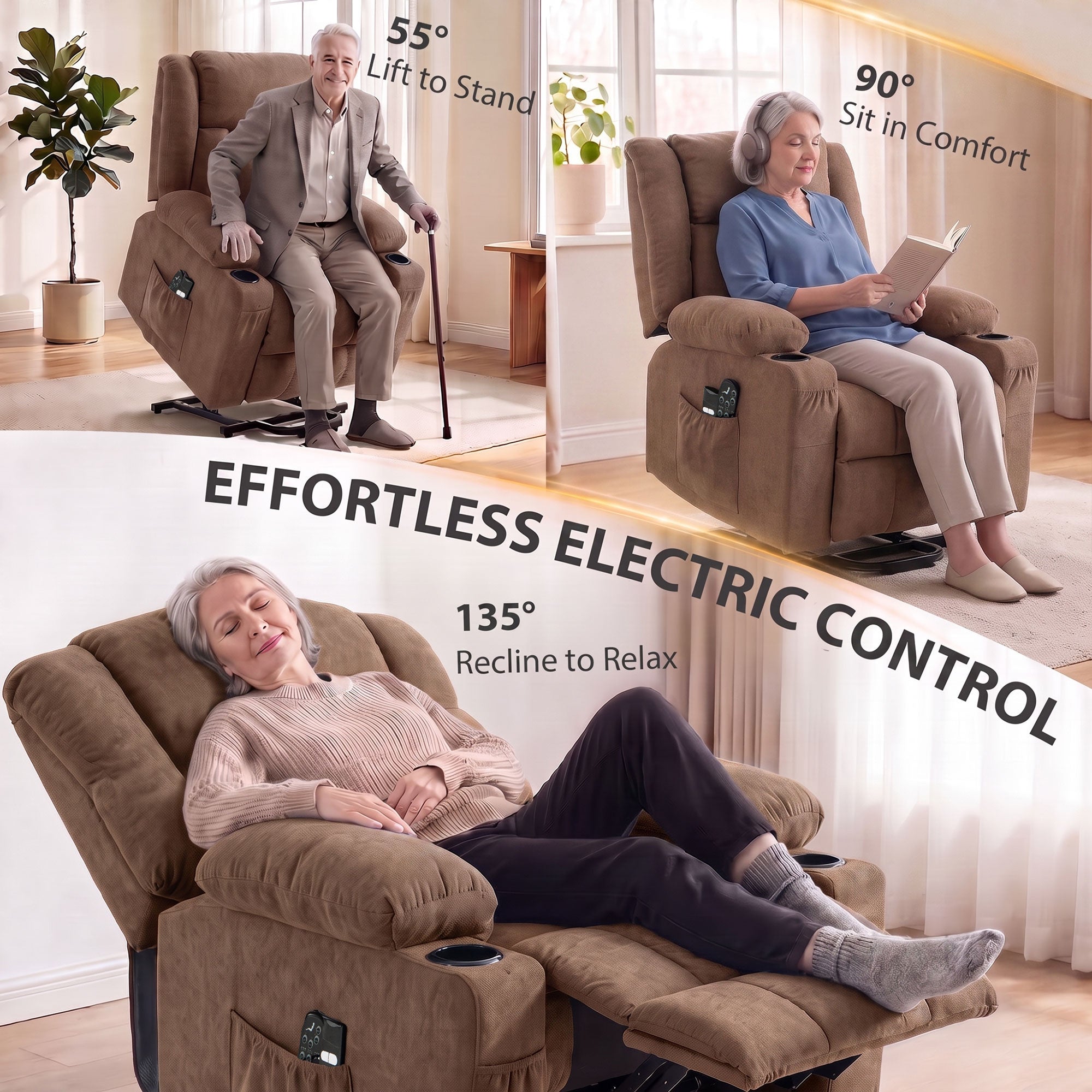 HOMCOM Dual Motor Recliner Chair, 55° Electric Lift Chair for Elderly, Recliner Armchair with Massage and Heat, Brown