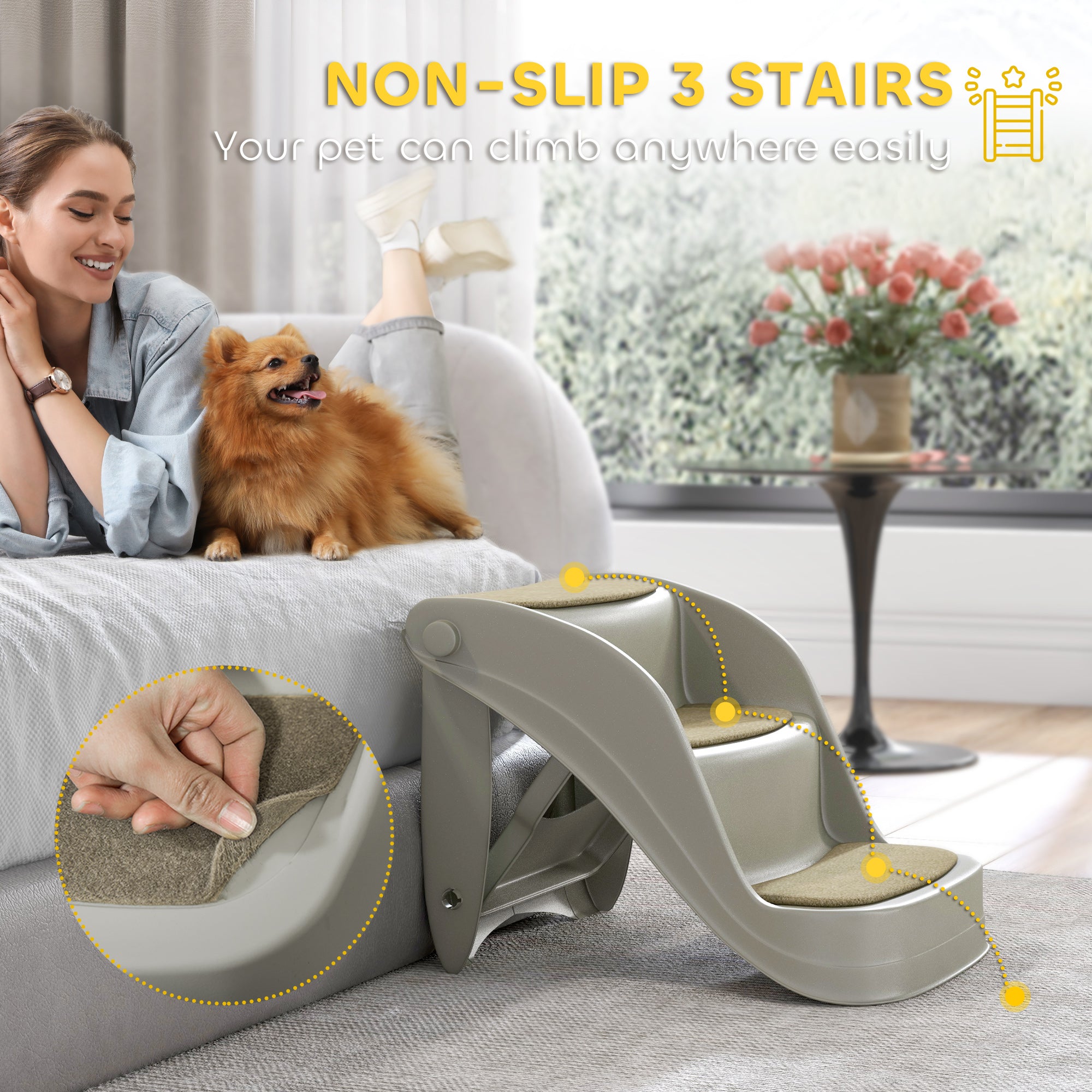 PawHut Foldable Pet Stairs 3 Steps with Non-slip Mats for Small Dogs, Grey - North Peak Garden Furniture