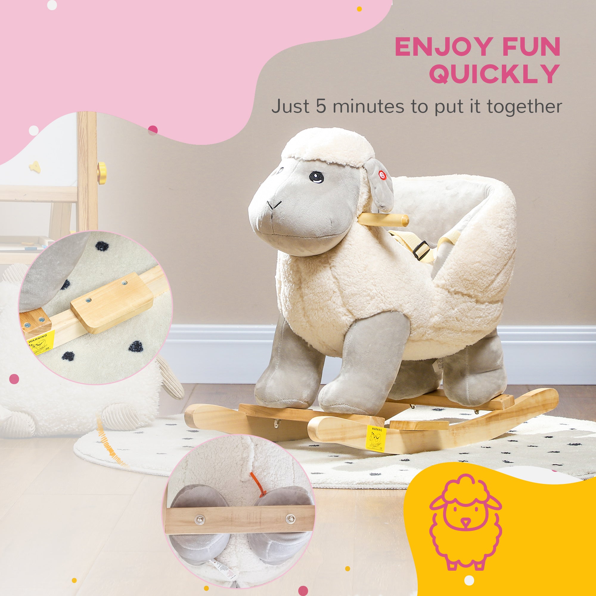 AIYAPLAY Rocking Horse, Ride on Lamb with Safety Belt, Sound, for Ages 1-3 Years, Grey - North Peak Garden Furniture