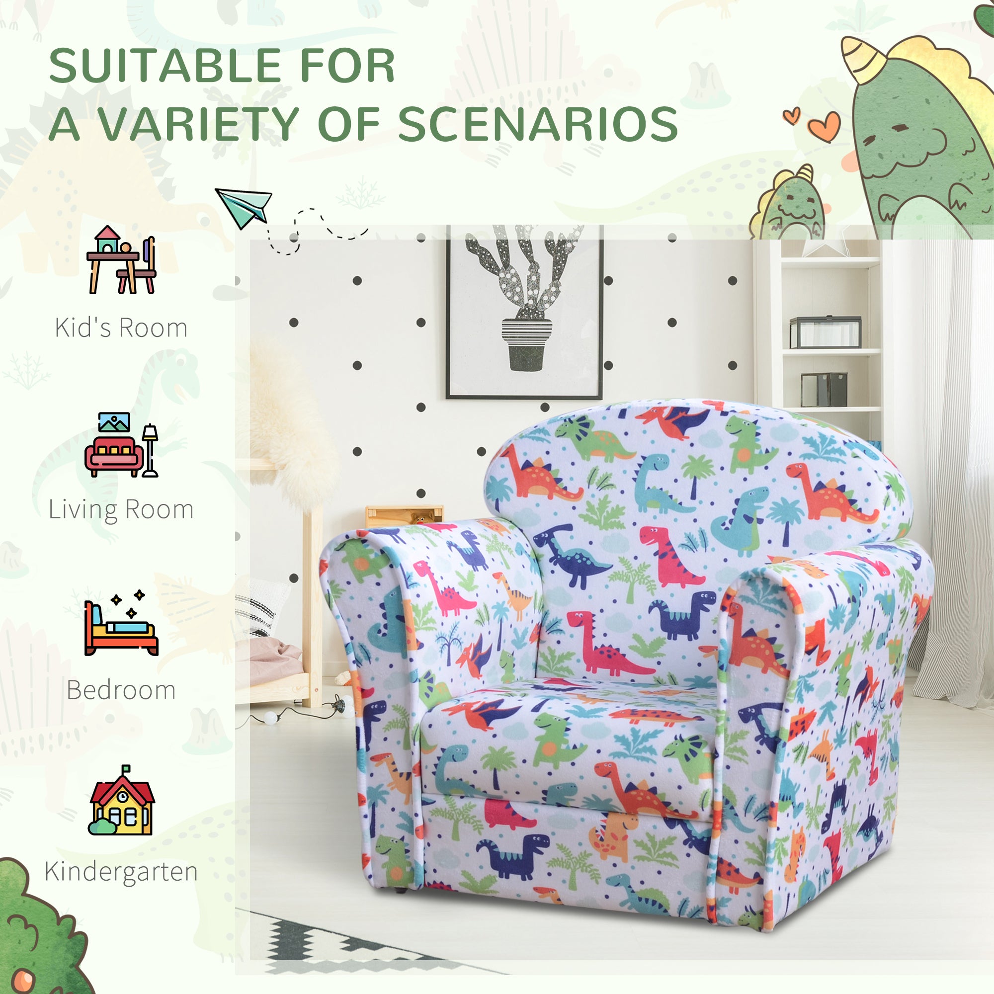 HOMCOM Children Armchair Kids Sofa Tub Chair Seat Cartoon Dinosaur Pattern Bedroom Flannel Wooden Frame Non-slip Playroom Seater - North Peak Garden Furniture