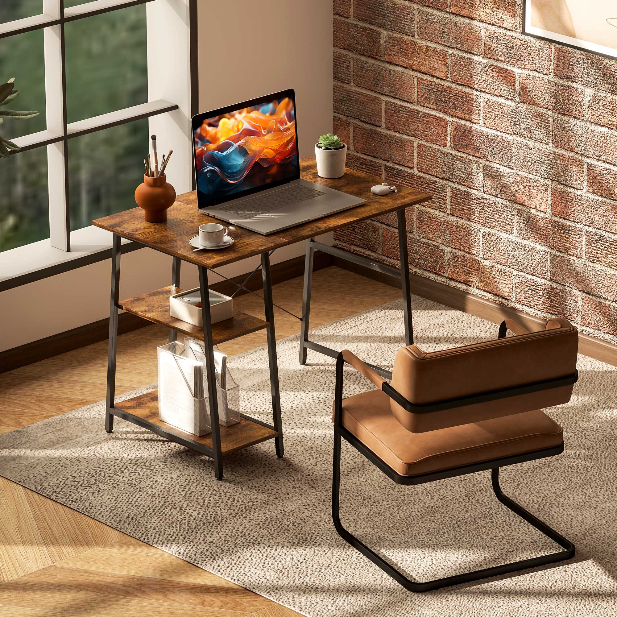 HOMCOM Industrial-Style Work Desk, with Shelves - Brown/Black - North Peak Garden Furniture