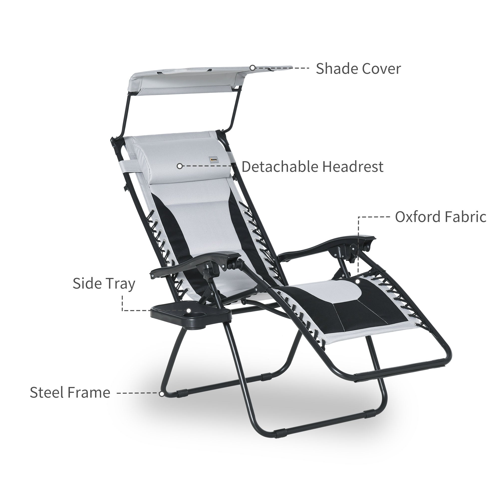 Outsunny Zero Gravity Lounger Chair, Folding Reclining Patio Chair with Shade Cover, Cup Holder, Soft Cushion and Headrest for Poolside, Camping, Grey - North Peak Garden Furniture