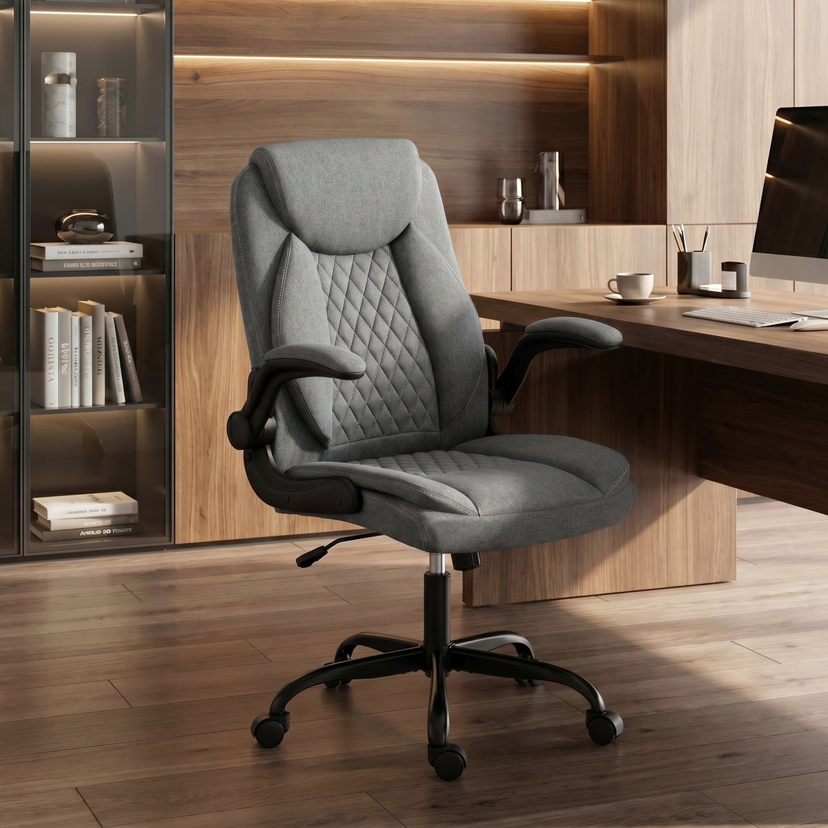 HOMCOM Linen-Look Computer Desk Chair, Executive Office Chair with Flip-Up Armrests and Thick Cushion, Grey
