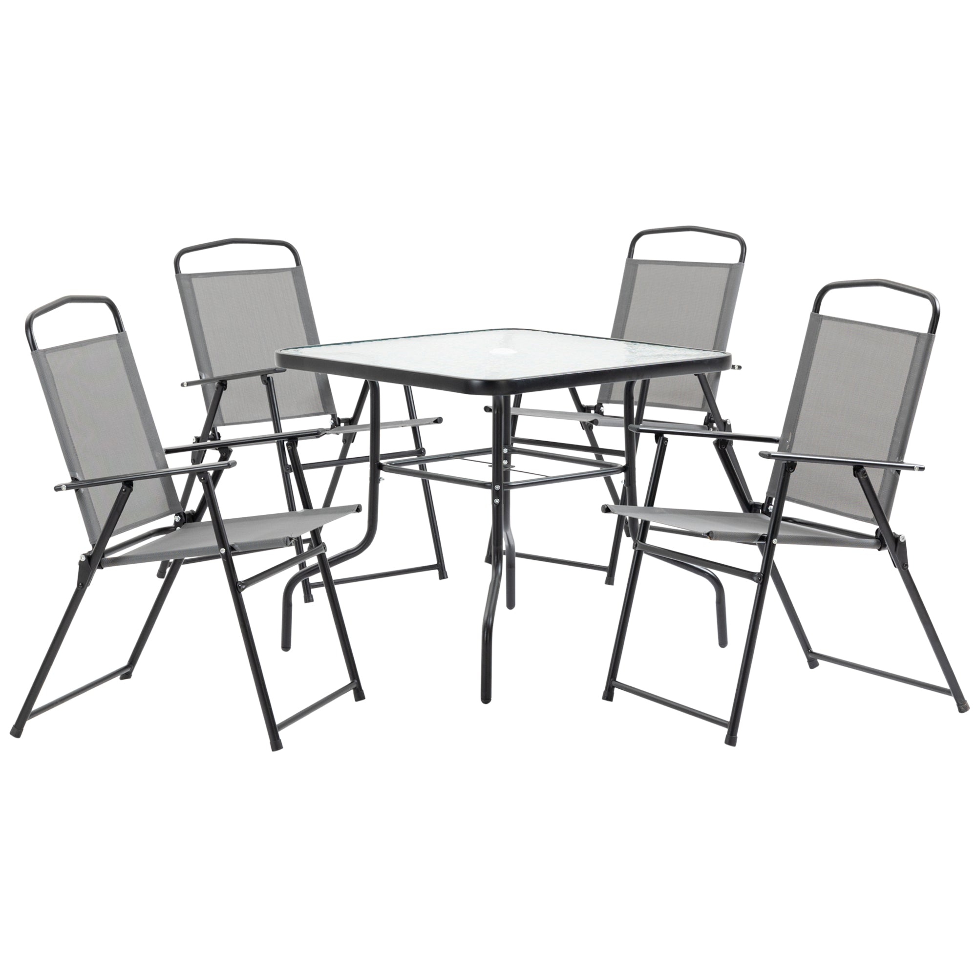 Outsunny 5 Piece Garden Dining Set Outdoor Dining Furniture 4 Folding Chairs, Glass Top Table with Parasol Hole, Texteline Seats, Black - North Peak Garden Furniture