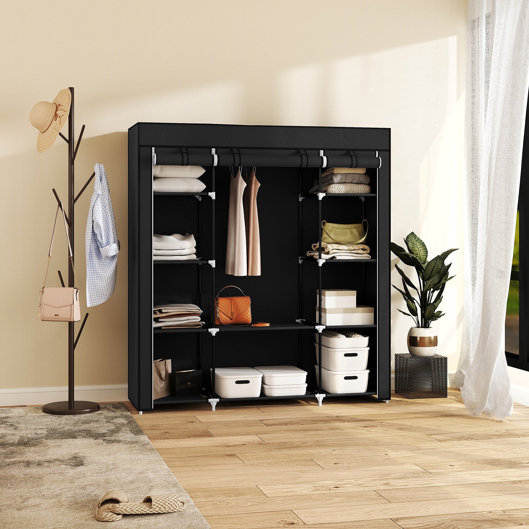 HOMCOM Portable Wardrobe, Foldable Fabric Wardrobe, 150 x 43 x 162.5cm, Clothes Storage Organiser with Hanging Rail, Shelves, Fabric Cover for Bedroom, Black - North Peak Garden Furniture