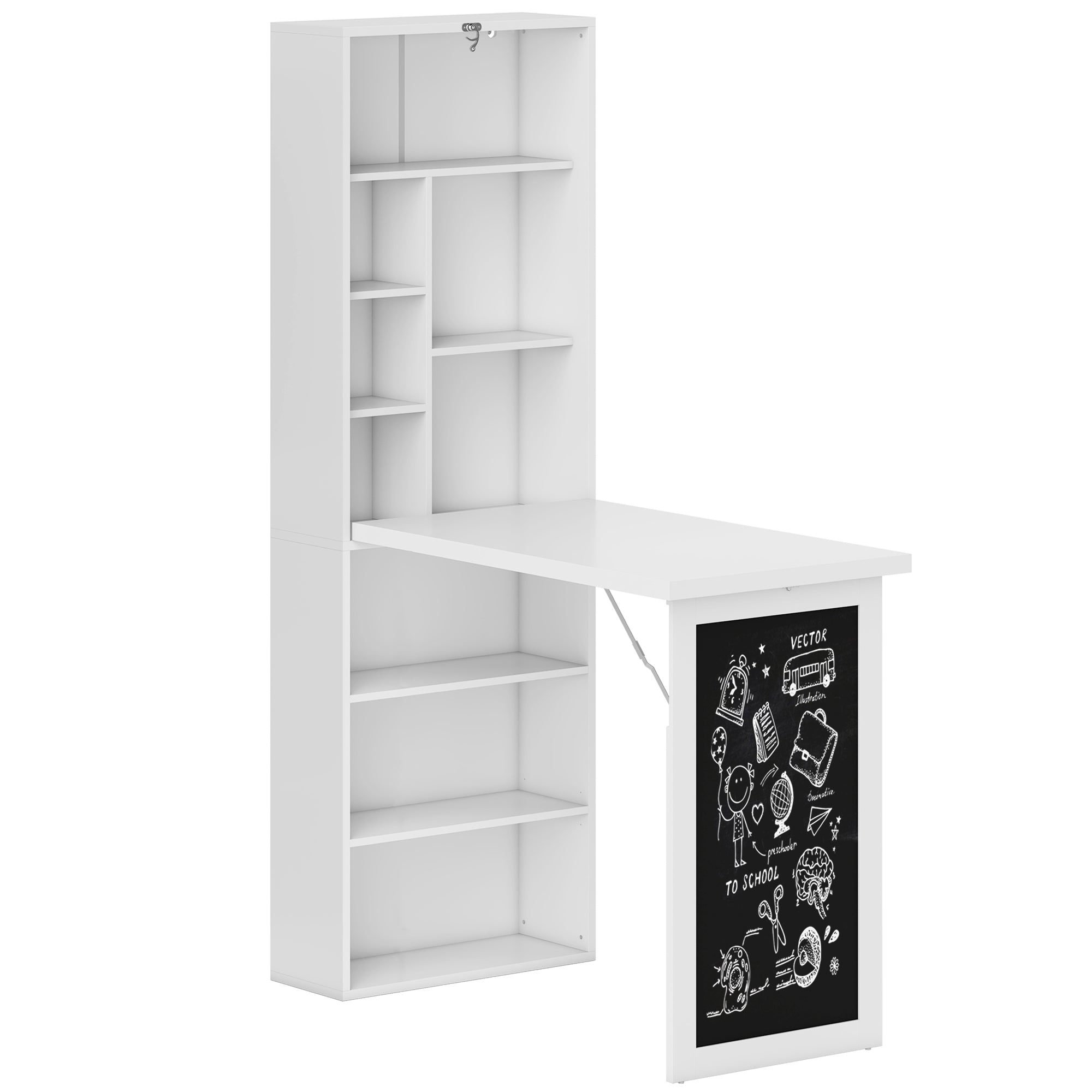 HOMCOM Fold-out Convertible Writing Desk Wall Mount Cabinet with Blackboard and Side Shelf Multi-Function Home Office Workstation, White