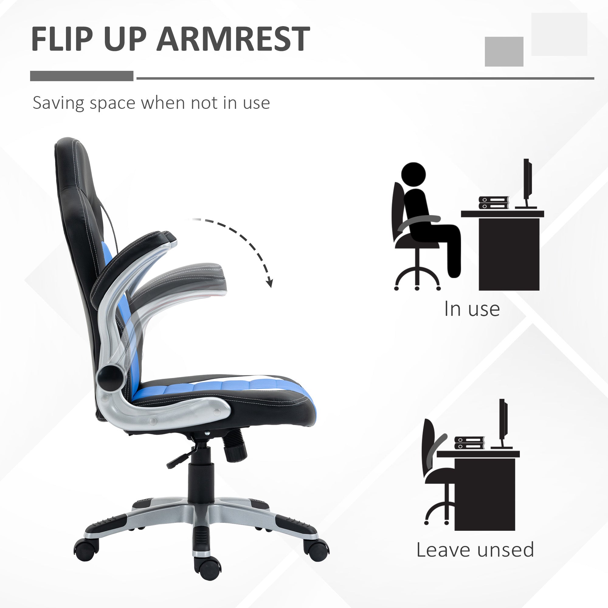 HOMCOM Computer Gaming Chair, Office Desk Swivel Chair, PU Leather Racing Chair with 90° Flip-up Armrest, Adjustable Height and Rolling Wheels, Blue - North Peak Garden Furniture