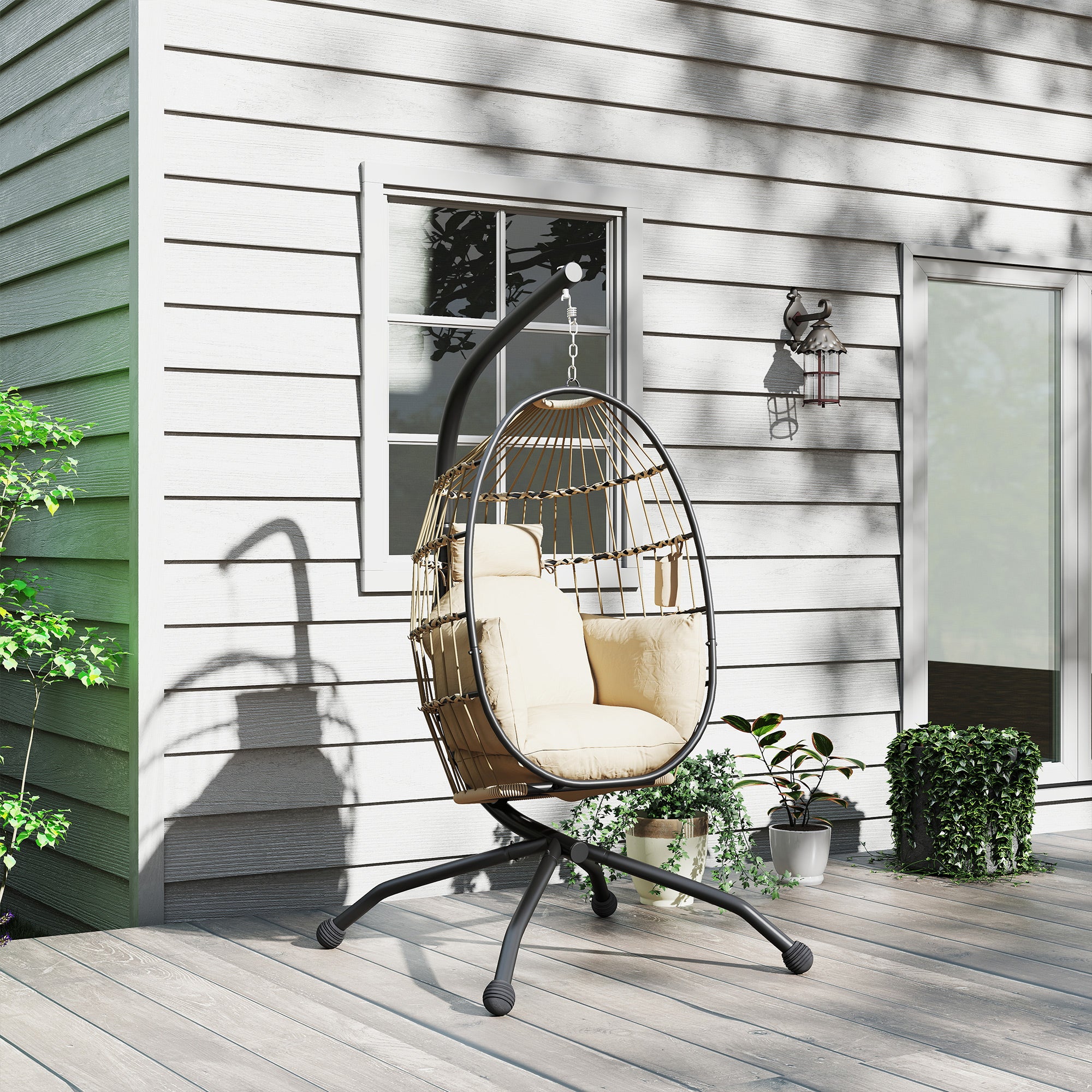 Outsunny Hanging Egg Chair Outdoor Indoor Garden Swing Chair with Folding Basket and Thickened Cushion, Garden Hanging Chair with Stand, Headrest, Cup Holder for Patio, Balcony, Khaki - North Peak Garden Furniture